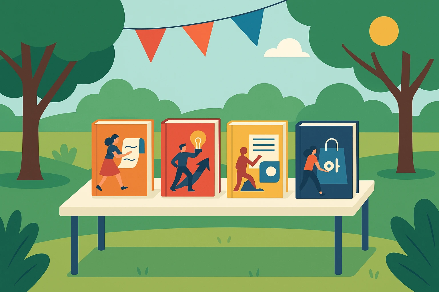 An open-air book fair set in a sunny park with a table displaying books on narrative marketing, surrounded by trees and colorful banners, each book cover features dynamic illustrations of storytelling tactics and brand logos.