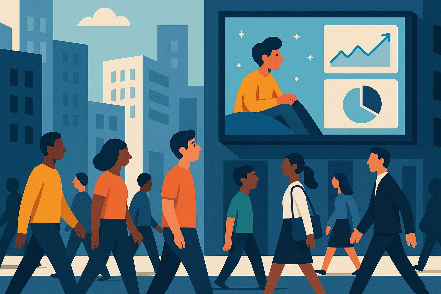 A city street bustling with diverse pedestrians, one person glances at a large digital billboard displaying an animated storytelling advertisement that integrates real-time data visualizations.