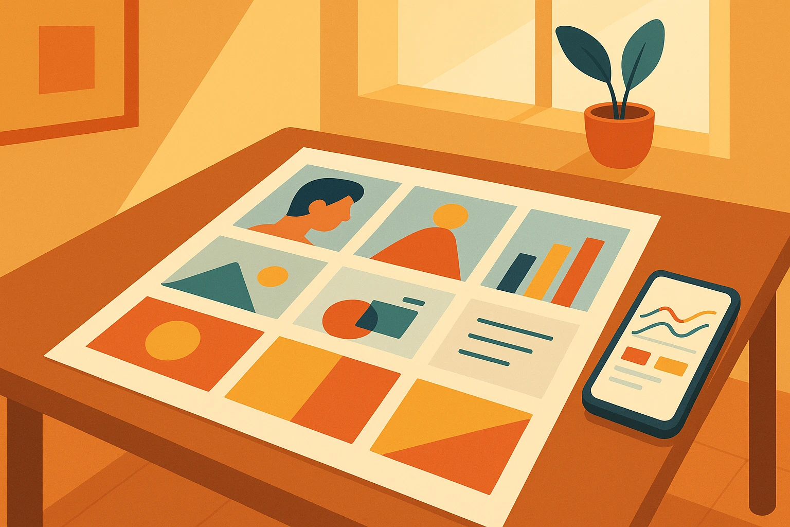 A storyboard laid out on a table, featuring colorful sketches and data charts, with a smartphone displaying analytics positioned next to them, all set in a cozy, sunlit creative studio.