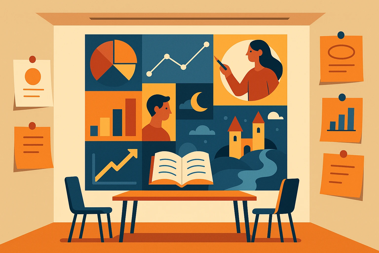 A creative agency's open floor space features a large mosaic wall art installation depicting a complex, vibrant story that seamlessly weaves together digital analytics graphs and traditional storytelling illustrations, surrounded by brainstorming notes pinned around it.