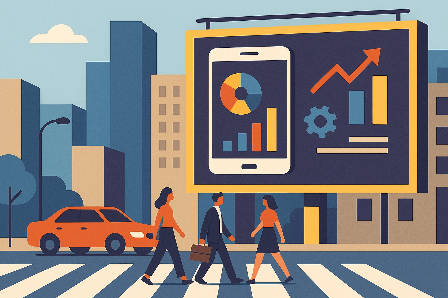 A bustling city street with a large, colorful billboard advertising a new marketing app, featuring sleek graphics and a catchphrase about digital tools for business success.
