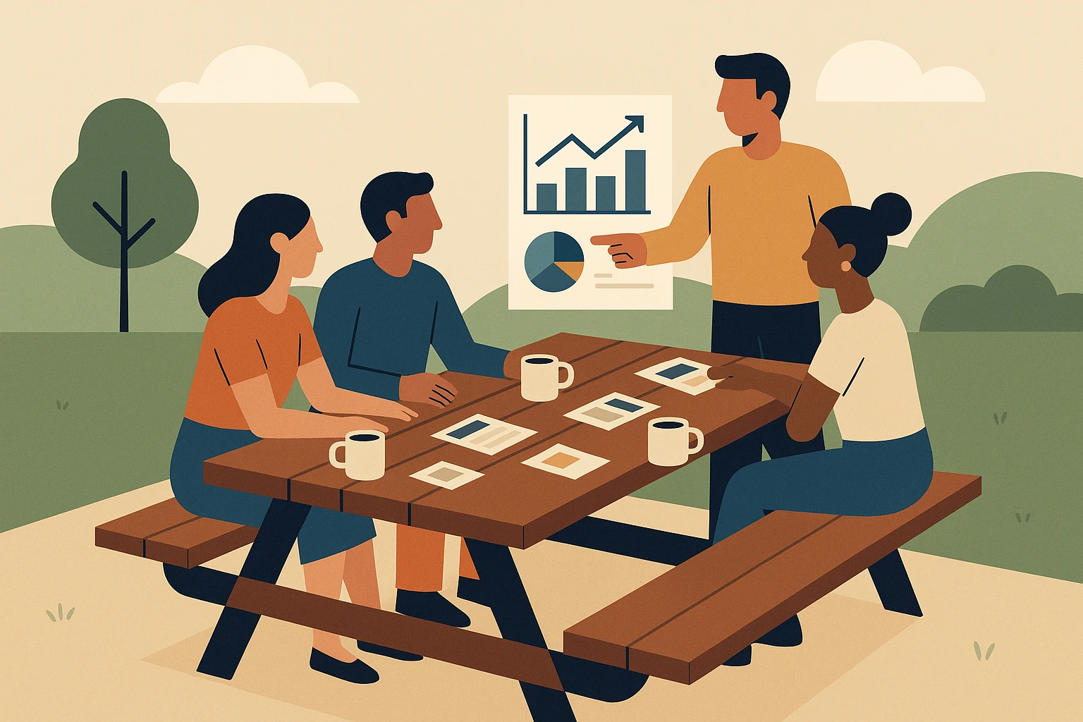 A group of people casually gathered in a park, discussing around a picnic table filled with business cards, brochures, and coffee mugs, while one person points to a paper chart showing marketing strategies.