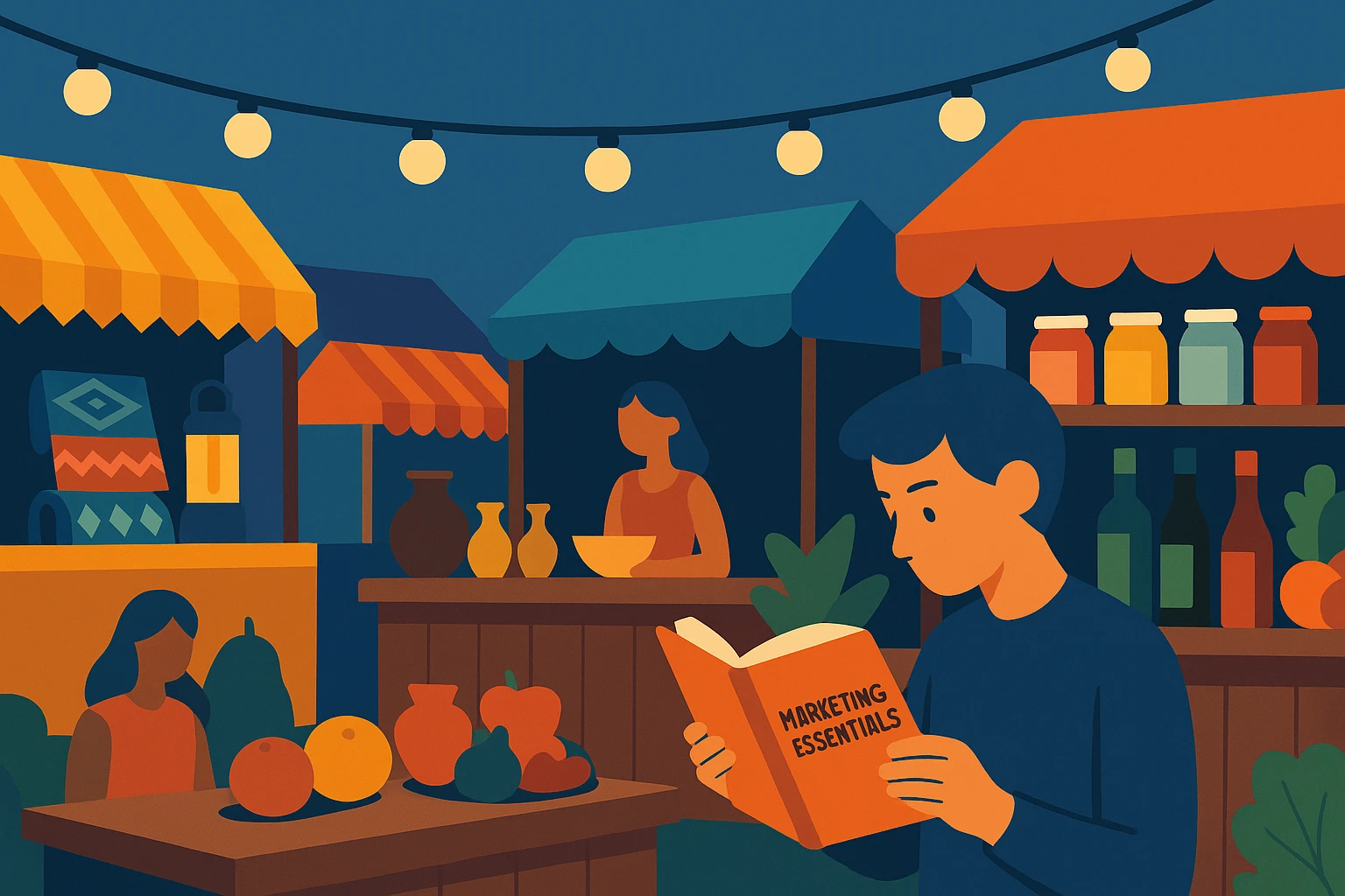 A vibrant outdoor market scene with colorful stalls displaying a variety of global products, and a curious individual flipping through a book titled 
