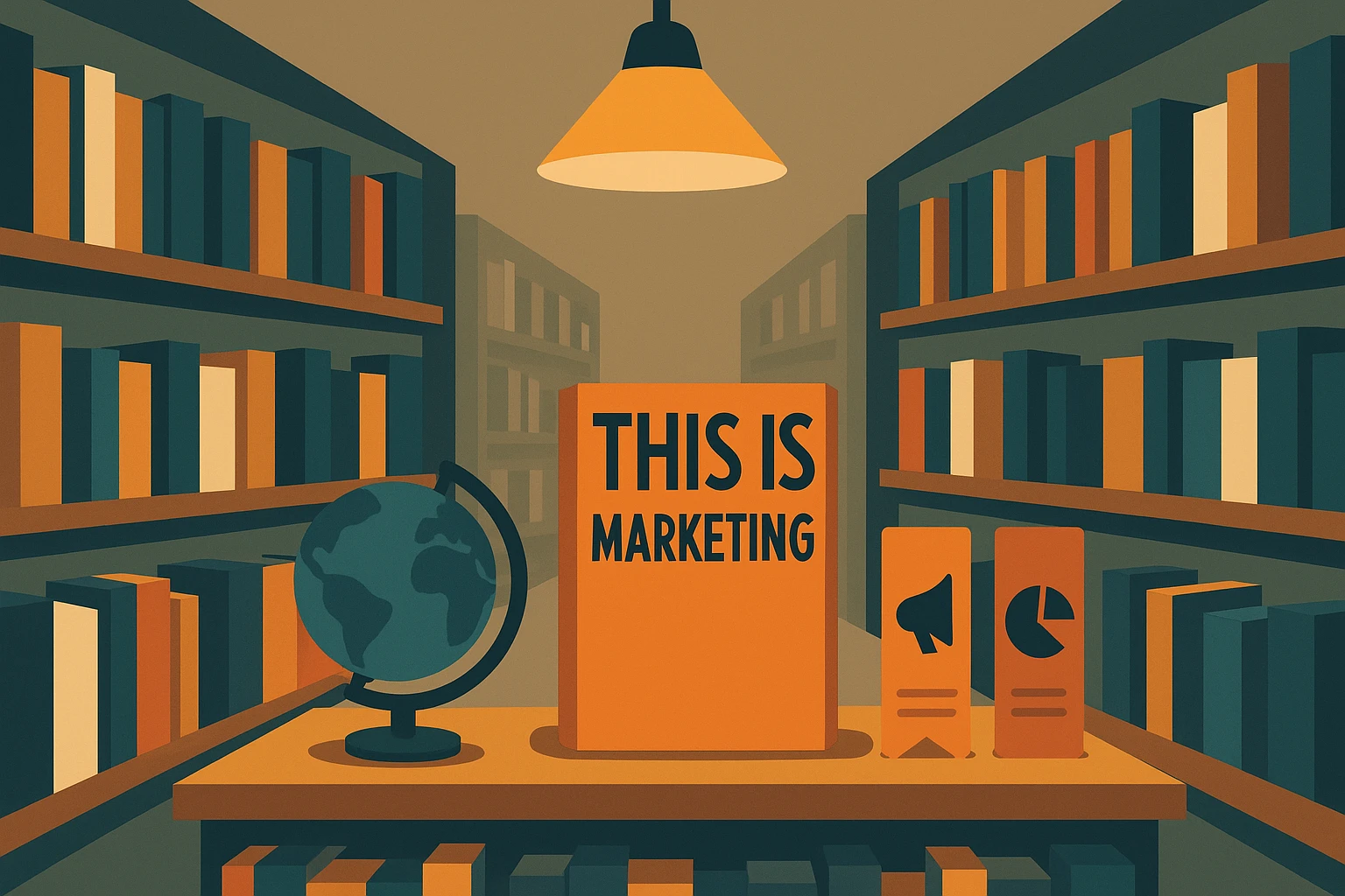 A well-lit bookstore aisle with neatly arranged books on marketing, including 