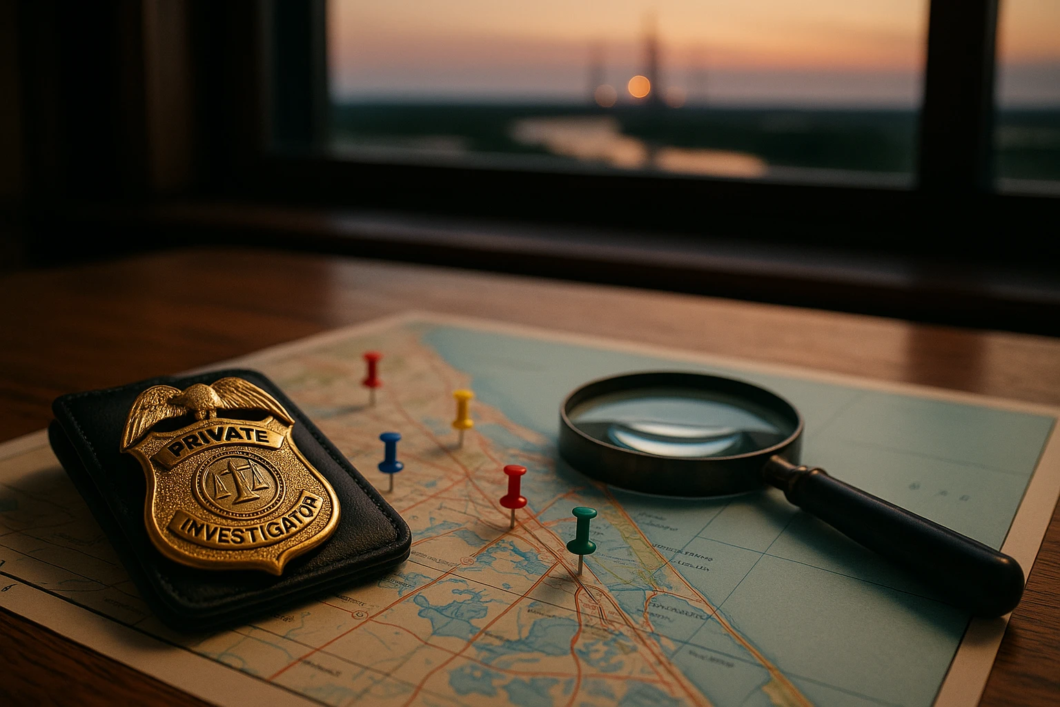A private investigator's badge and magnifying glass lie on a wooden table amidst a map of Cape Canaveral, with colorful pins marking locations, against a backdrop of a window showing the distant launch pads in the evening light.