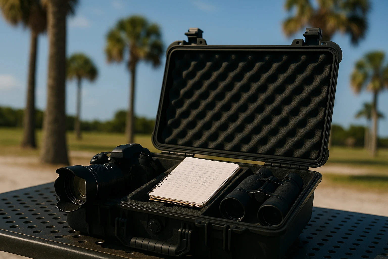A private investigator's toolkit lying open on a metal picnic table at a park in Cape Canaveral, Florida, containing a camera with a zoom lens, a notebook with handwritten notes, and a pair of binoculars, with the blue sky and palm trees subtly visible in the background.