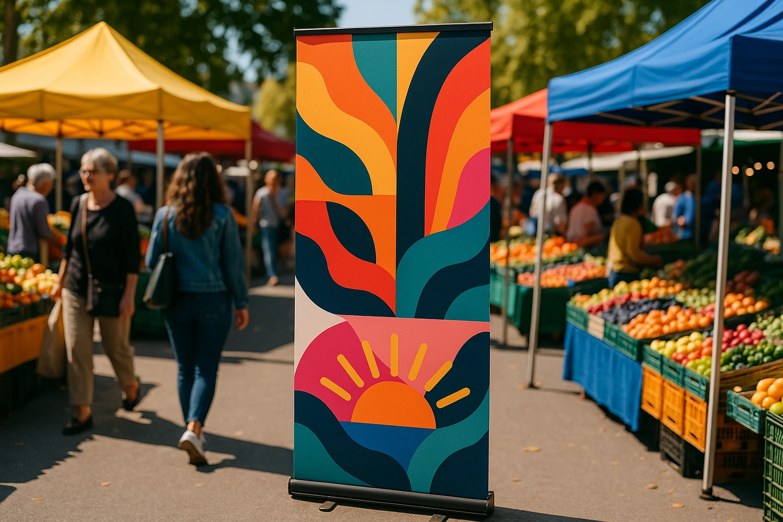 A vibrant outdoor market scene with a standing banner prominently displayed near a row of colorful stalls, showcasing an eye-catching design with bold branding and graphics, surrounded by bustling shoppers and bright daylight.