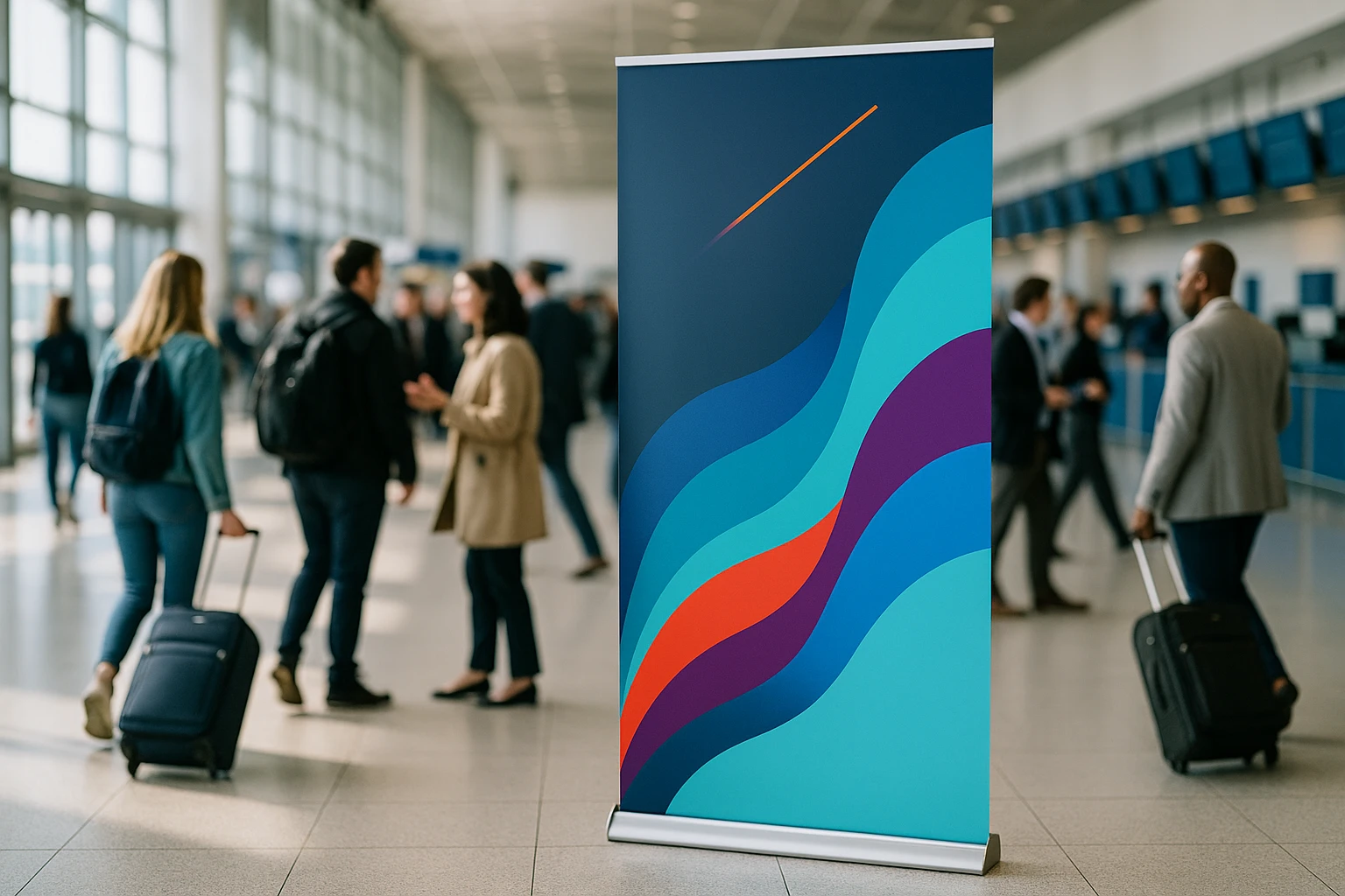 A bustling airport terminal with a standing banner featuring sleek, modern graphics and vivid colors, strategically placed near a row of check-in counters, surrounded by travelers wheeling luggage and engaging in conversations.