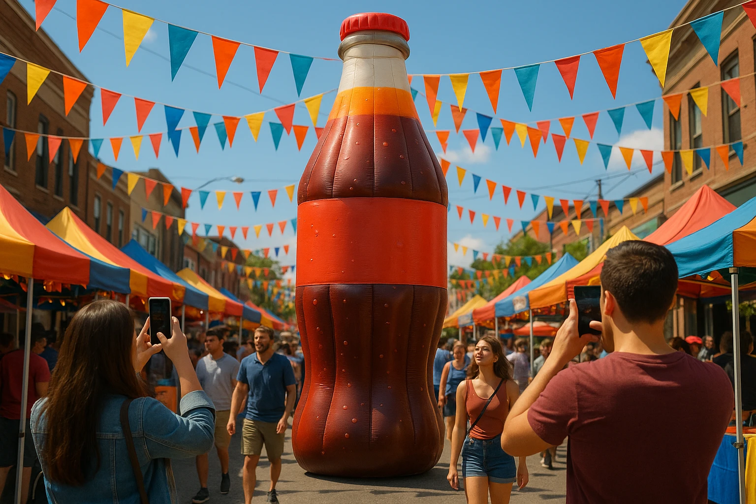 Inflatable bottle A vibrant street fair scene with a towering inflatable soda bottle display, surrounded by colorful banners and excited visitors taking photos.