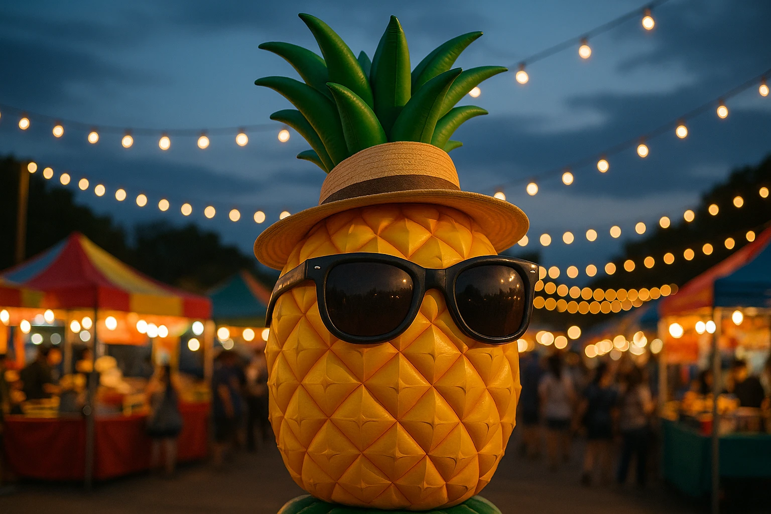 Custom Inflatable display A giant inflatable pineapple with branded sunglasses and a hat, set against the backdrop of a bustling outdoor food festival, with colorful vendor stalls and strings of festive lights in the evening sky.