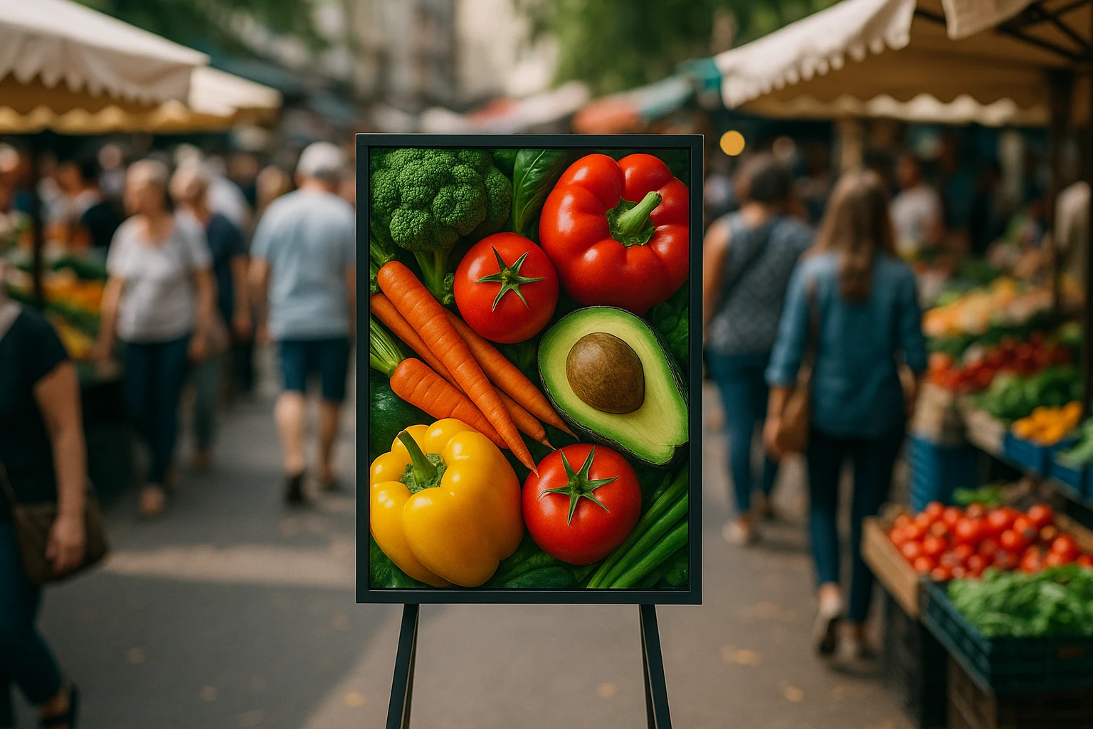 A vibrant outdoor market scene with a colorful promotional banner mounted on a sleek stand, showcasing a fresh produce advertisement with vivid imagery of fruits and vegetables, drawing attention amidst the bustling crowd.
