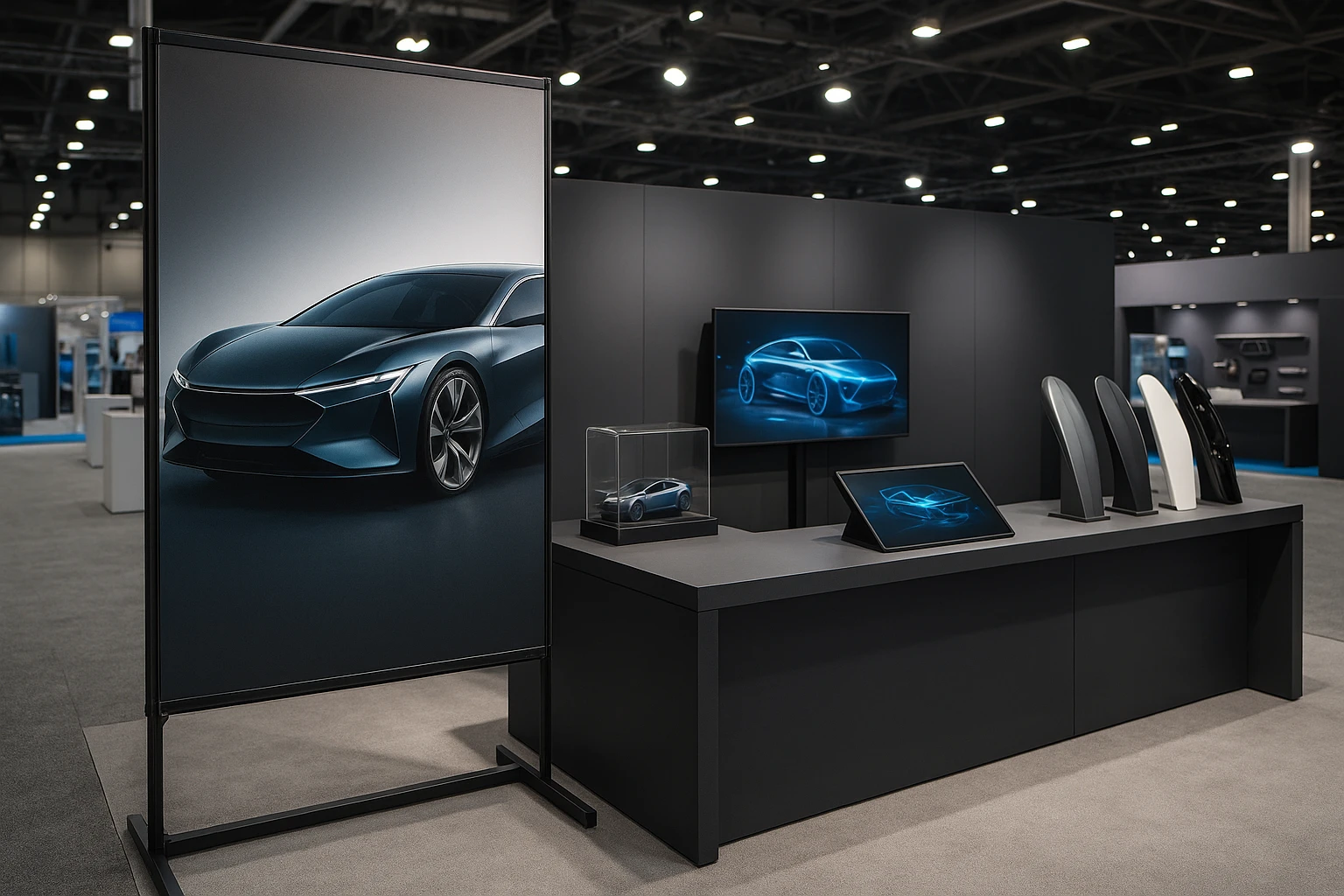 A sleek trade show booth with a large, elegant banner on a sturdy stand featuring a futuristic vehicle design, surrounded by engaging product samples and interactive displays under bright exhibition lights.
