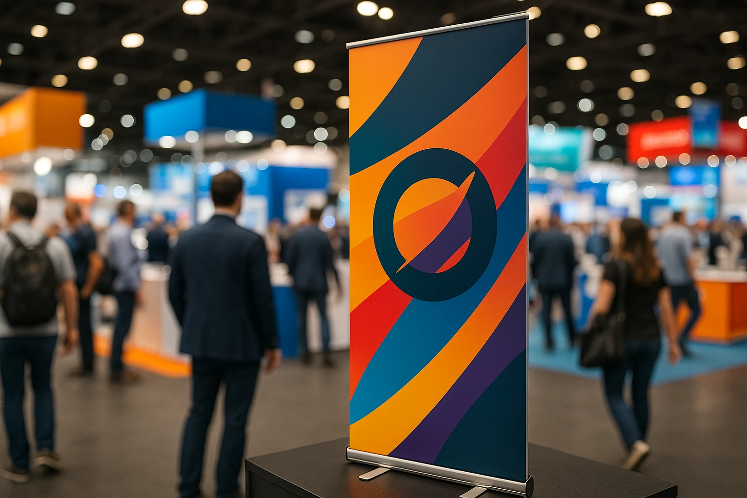 A vibrant trade show scene featuring a sleek, modern stand banner showcasing a bold logo and vibrant graphics, set against a backdrop of bustling attendees and colorful exhibition booths.