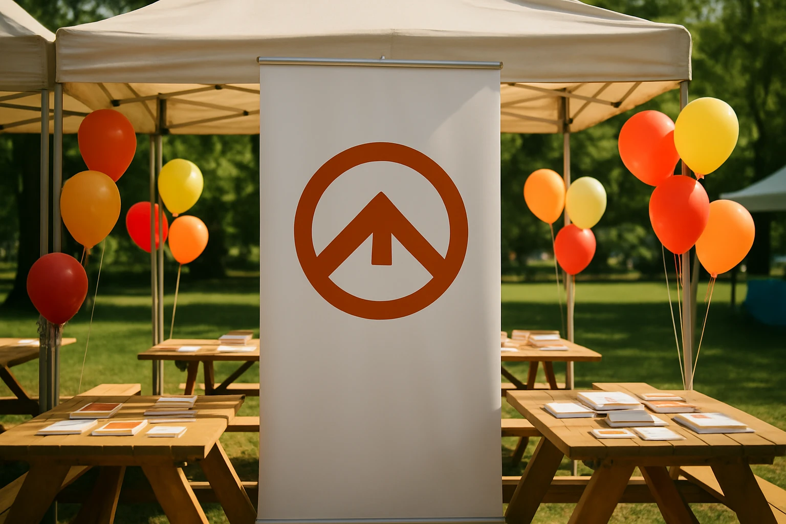 A stand banner set up in a sunlit outdoor festival booth, featuring a simple yet striking logo and minimalistic text, surrounded by colorful balloons and picnic tables filled with promotional materials.
