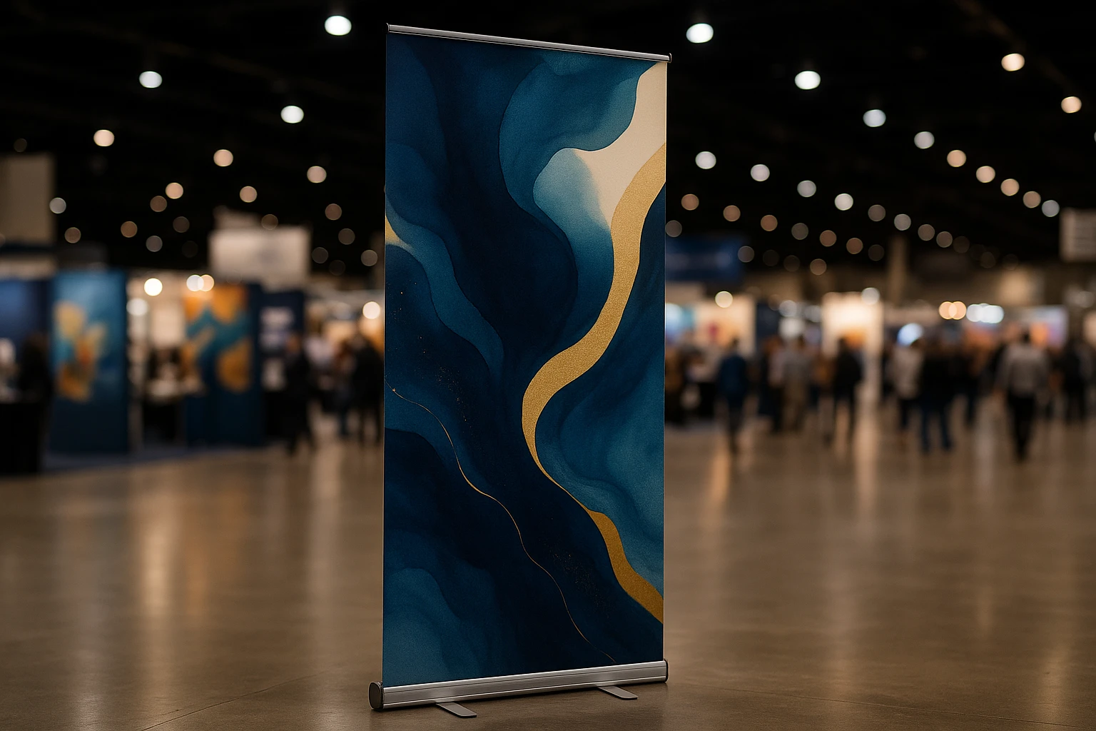pop-up stand printing A sleek, modern pop-up stand featuring a large, elegantly printed banner with a minimalist design set in a bustling exhibit hall, showcasing vibrant abstract art and a blend of deep blues and golds to draw attention from passersby.