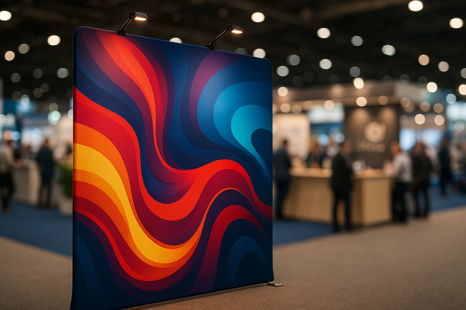 A sleek fabric backdrop display featuring vibrant, high-resolution graphics standing prominently in front of a bustling trade show booth, with spotlights casting a warm glow to highlight the intricate designs and company logo.