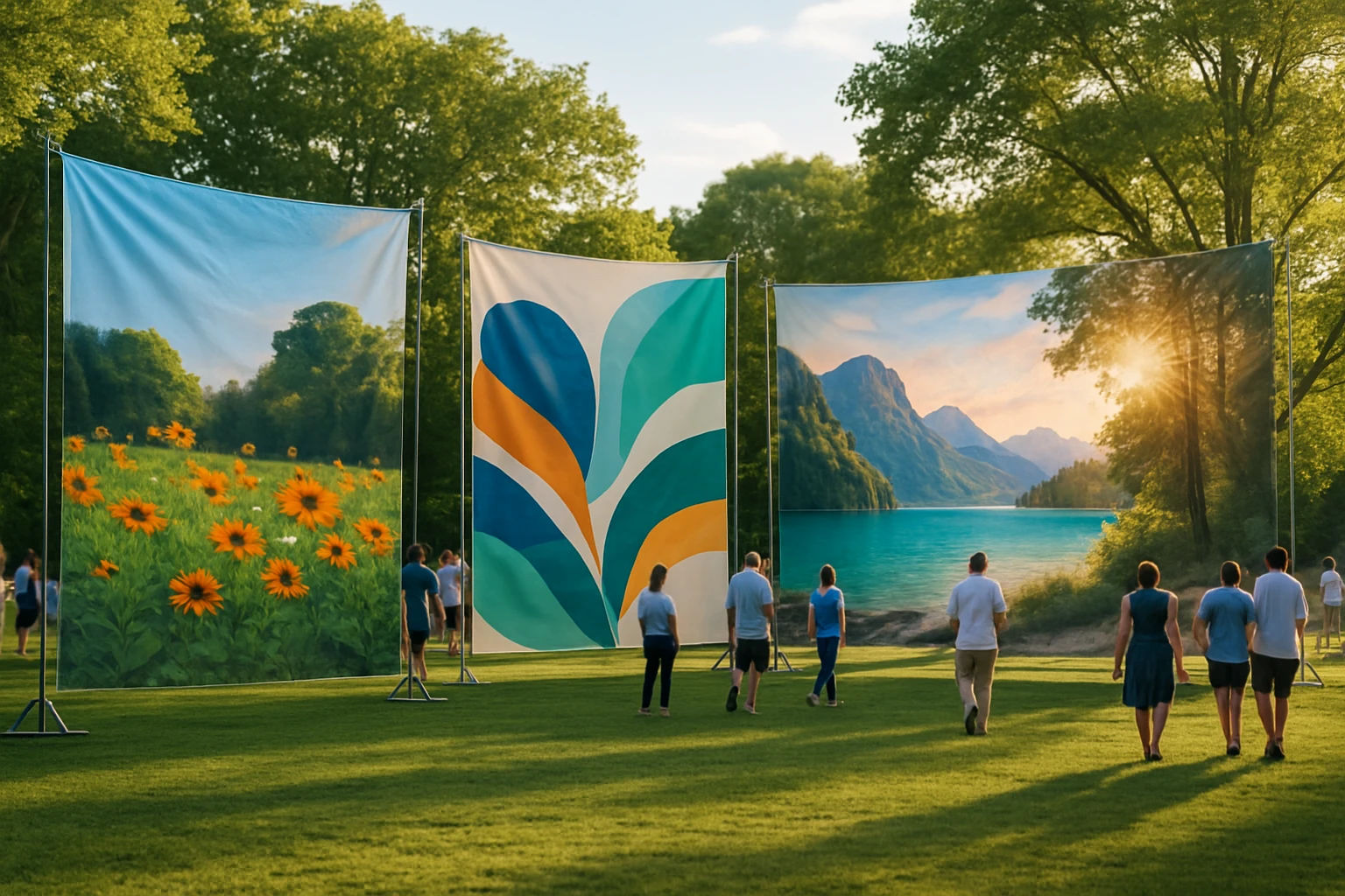 A spacious outdoor event with large fabric backdrop displays set against a scenic park landscape, showcasing vibrant, high-resolution images of nature and branded designs fluttering gently in the breeze, surrounded by trees and softly lit by the afternoon sun.