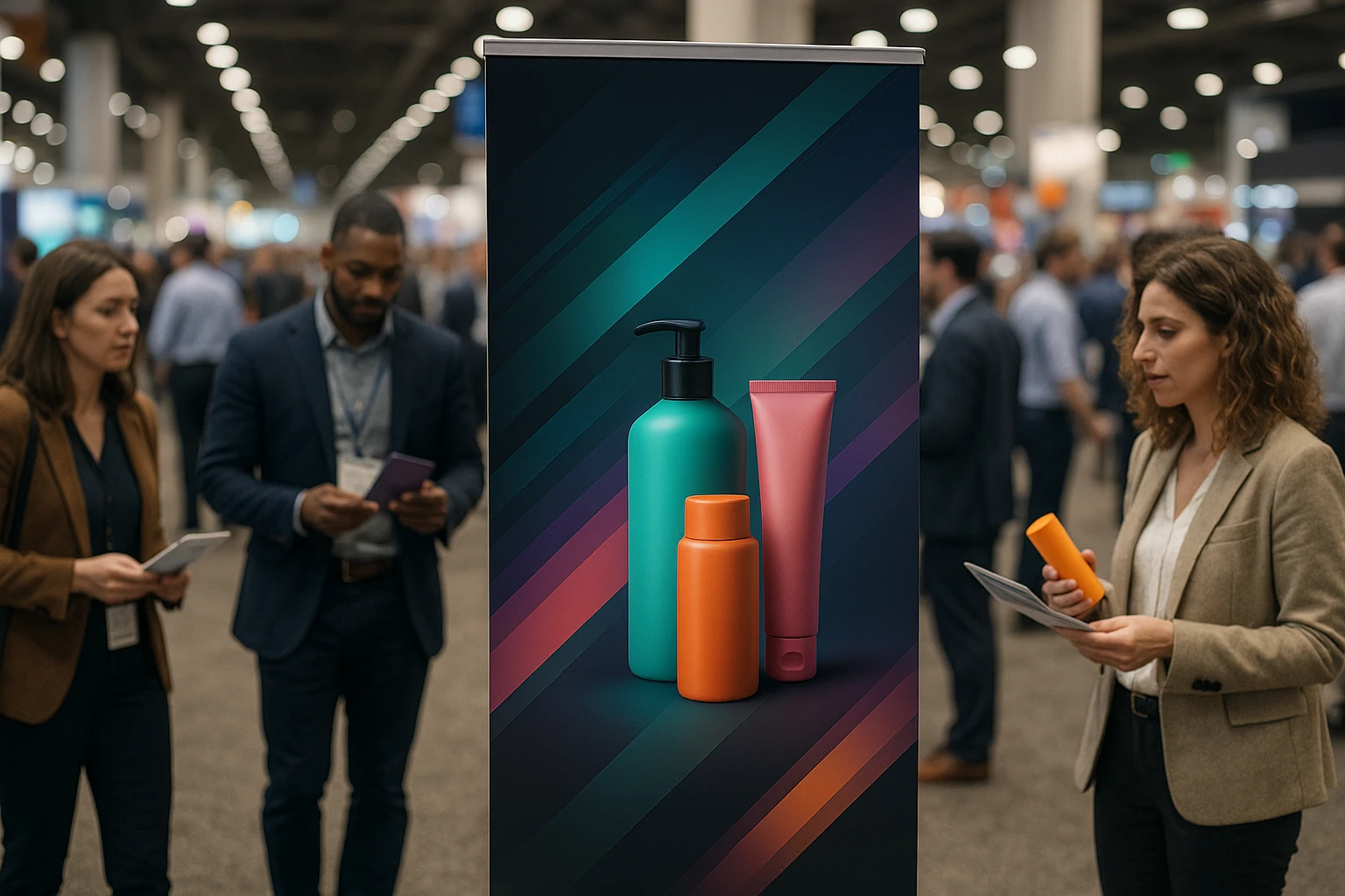 A sleek, modern banner stand positioned at the entrance of a bustling trade show, with vibrant graphics showcasing a new product line, surrounded by curious attendees holding brochures and sample products.