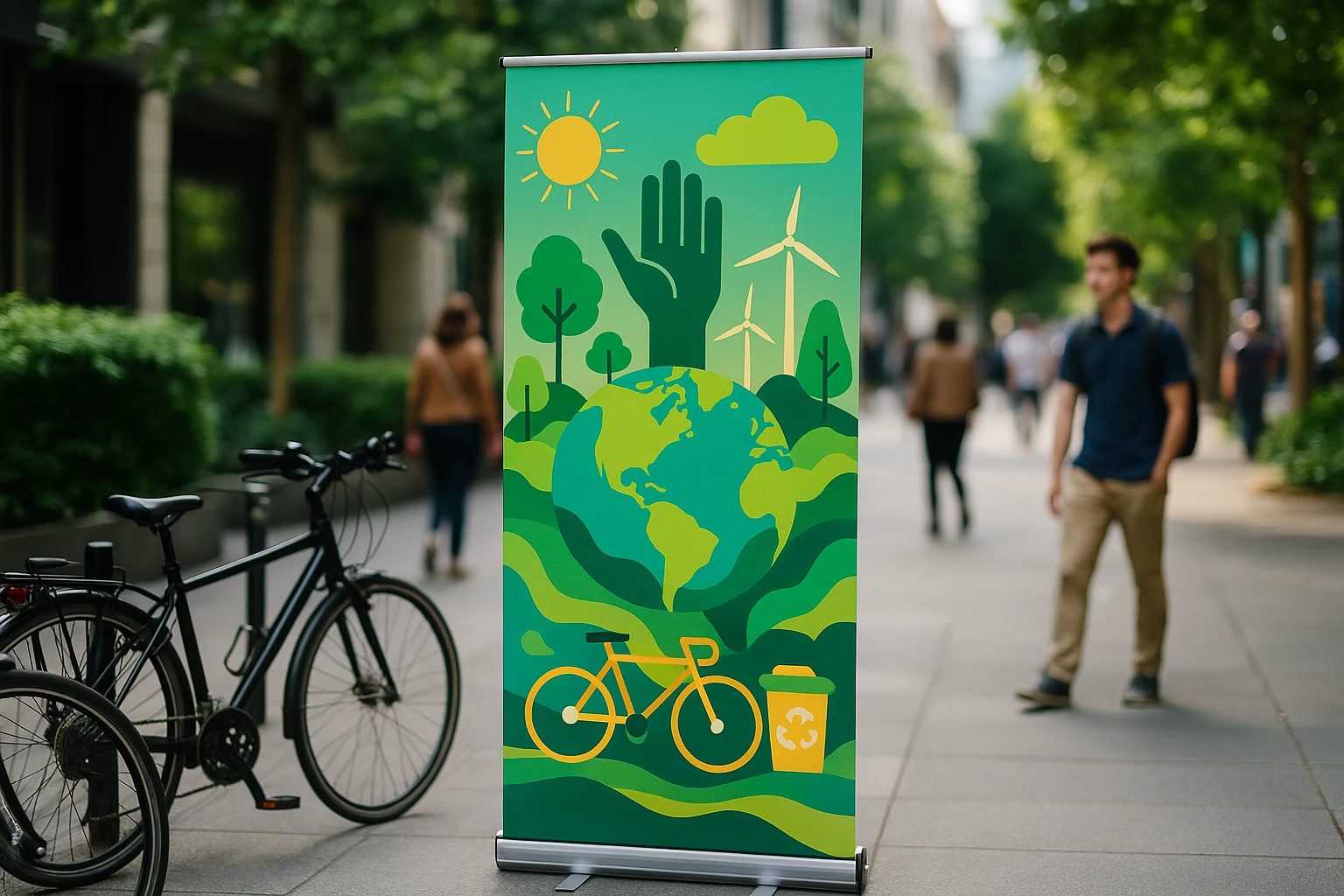 A vibrant banner stand displayed on a bustling city street, featuring eye-catching graphics of an eco-friendly campaign, with bicycles parked nearby and pedestrians pausing to read its message against a backdrop of urban greenery.