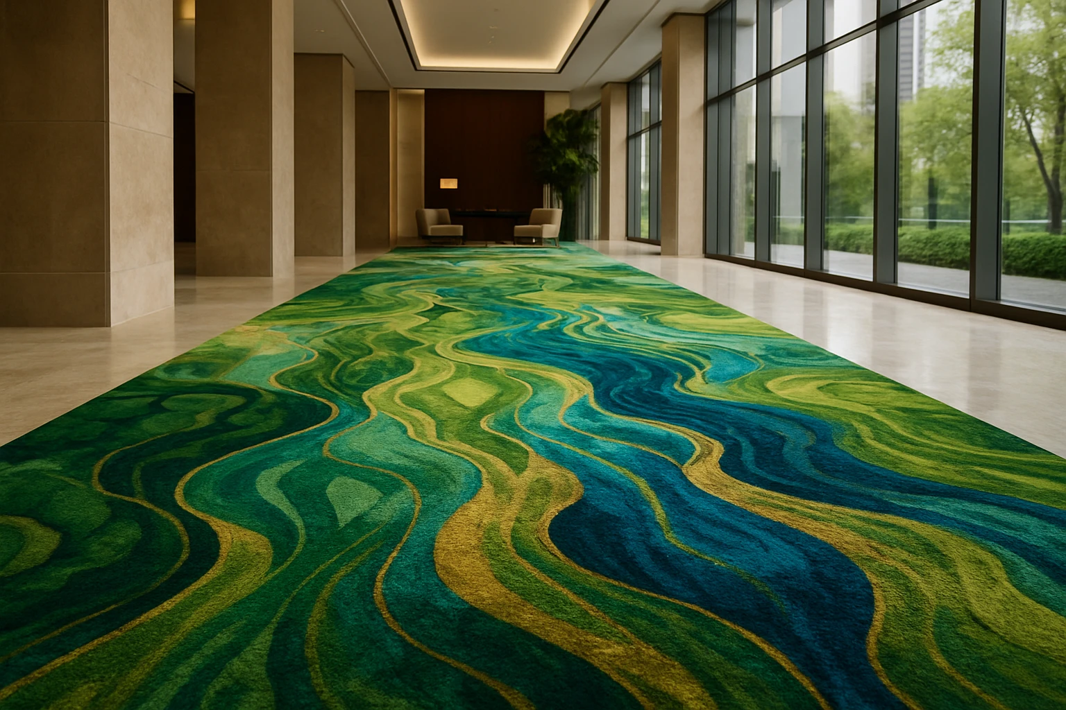 Custom Printed Carpets A luxurious, custom-printed carpet rolls out across an elegant lobby, featuring a vibrant, abstract design inspired by nature, with rich greens and blues, seamlessly blending with a backdrop of modern architecture and glass walls.