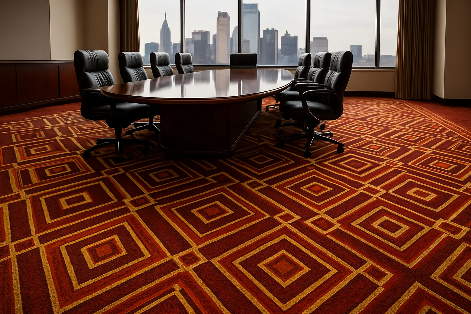 Printed Carpets A custom printed carpet featuring an intricate geometric pattern in bold reds and golds unfurls across a sophisticated conference room floor, with a gleaming mahogany board table and city skyline visible through expansive windows.