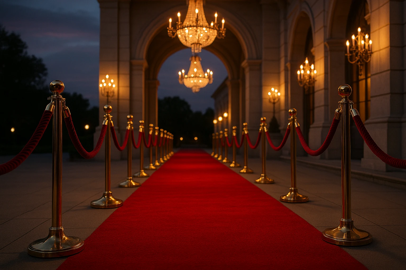 A luxurious red carpet stretches along a grand entrance, flanked by glimmering gold stanchions and velvet ropes, set under ornate chandeliers glowing warmly against a twilight sky.
