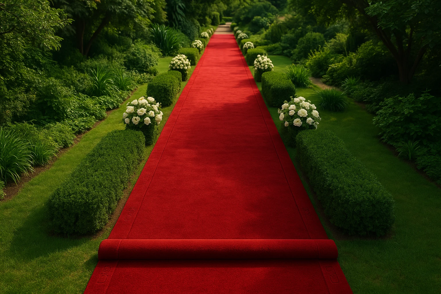 Aerial view of a lavish red carpet unrolled across a lush garden pathway, bordered by vibrant greenery and elegant white floral arrangements, with discreet brand logos embossed along the carpet's edge.
