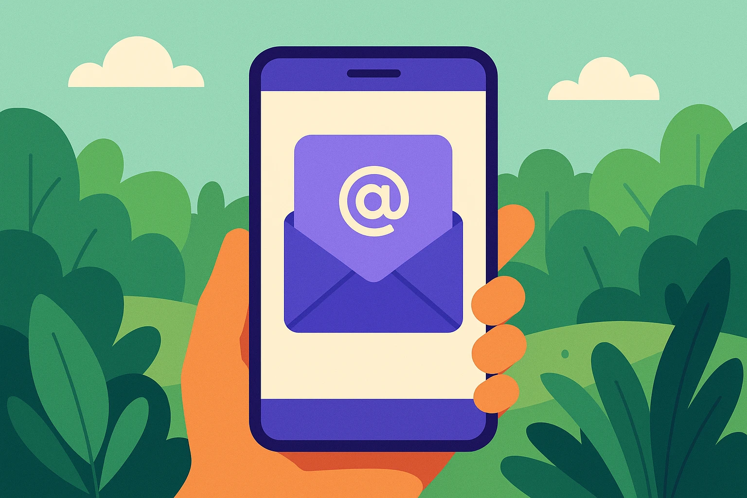 A close-up of a smartphone held outdoors displaying a temporary email address app interface, with lush greenery in the background, symbolizing security and privacy in a natural setting.