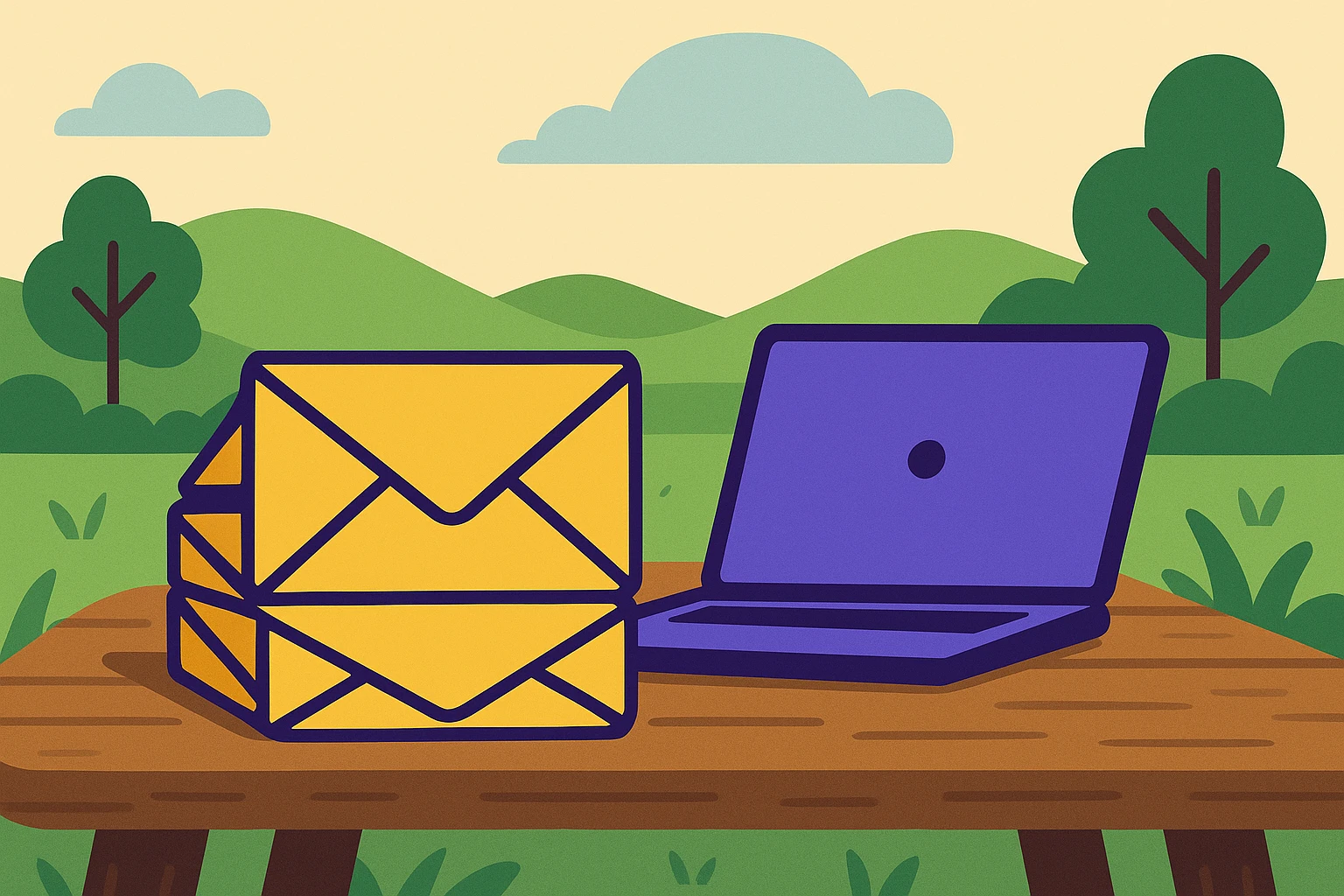 A stack of unopened envelopes with a small laptop beside them, set on a rustic wooden table outdoors, symbolizing the protection of personal information by using temporary email accounts while enjoying natural surroundings.