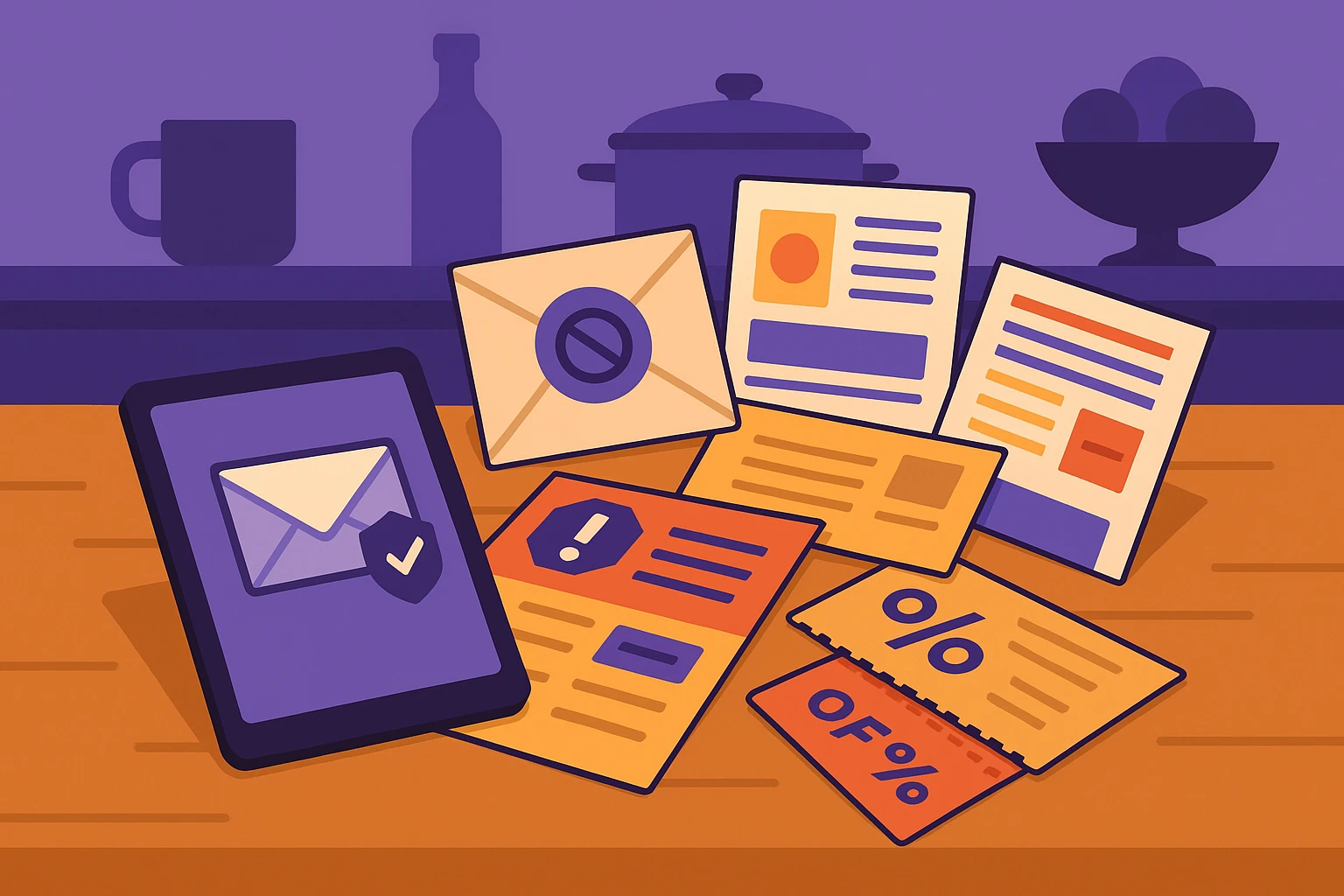 A cluttered kitchen table with various items representing spam—junk mail envelopes, coupons, and flyers—next to a tablet displaying a temporary email address service interface, capturing the essence of digital protection amidst everyday chaos.