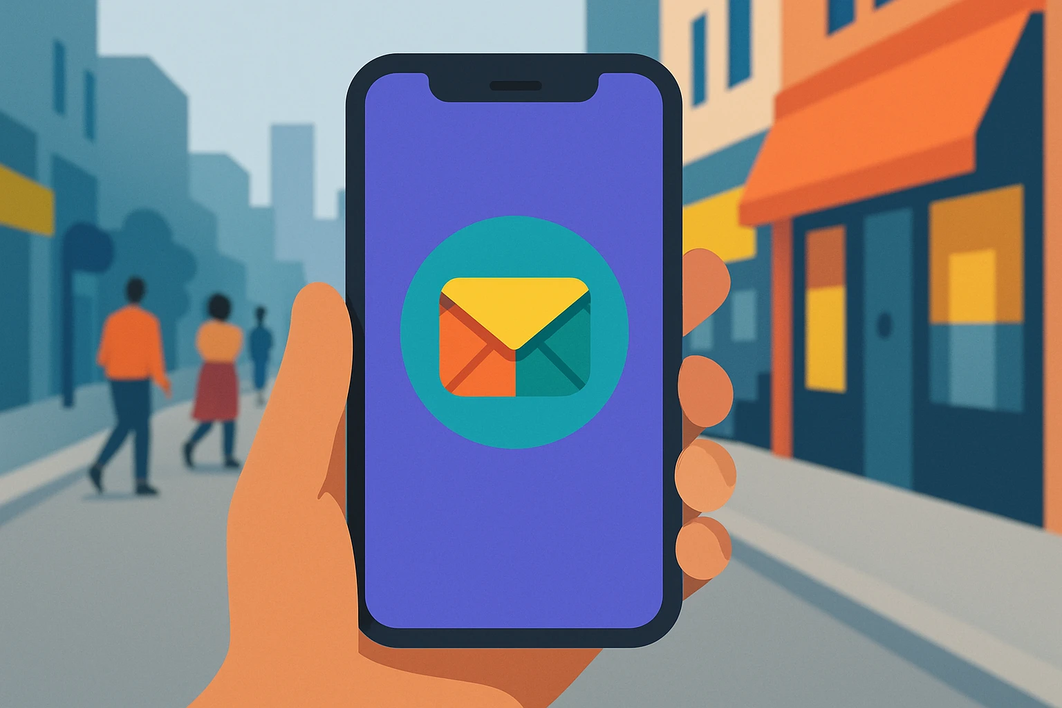A close-up of a smartphone held in a hand, displaying a colorful app icon for a temporary email service against a busy urban street backdrop, with blurred pedestrians and vibrant storefronts in the background.