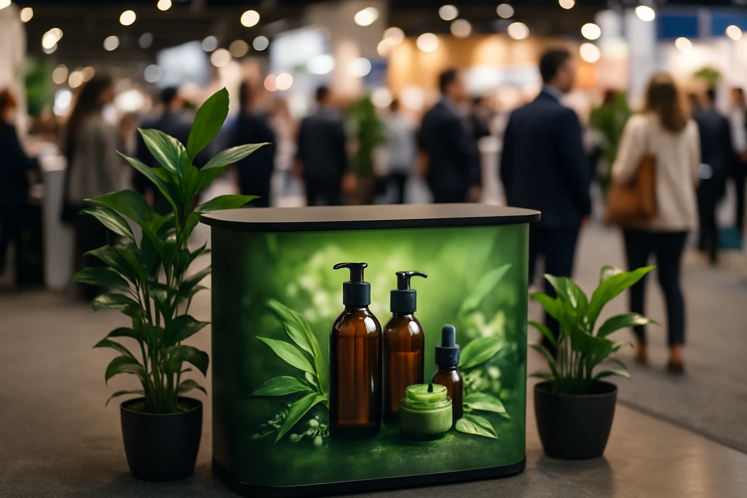 A sleek, portable pop up counter stands elegantly in a bustling trade show, adorned with vibrant graphics of a new organic skincare line, surrounded by lush, green potted plants and soft, ambient lighting drawing attendees closer.