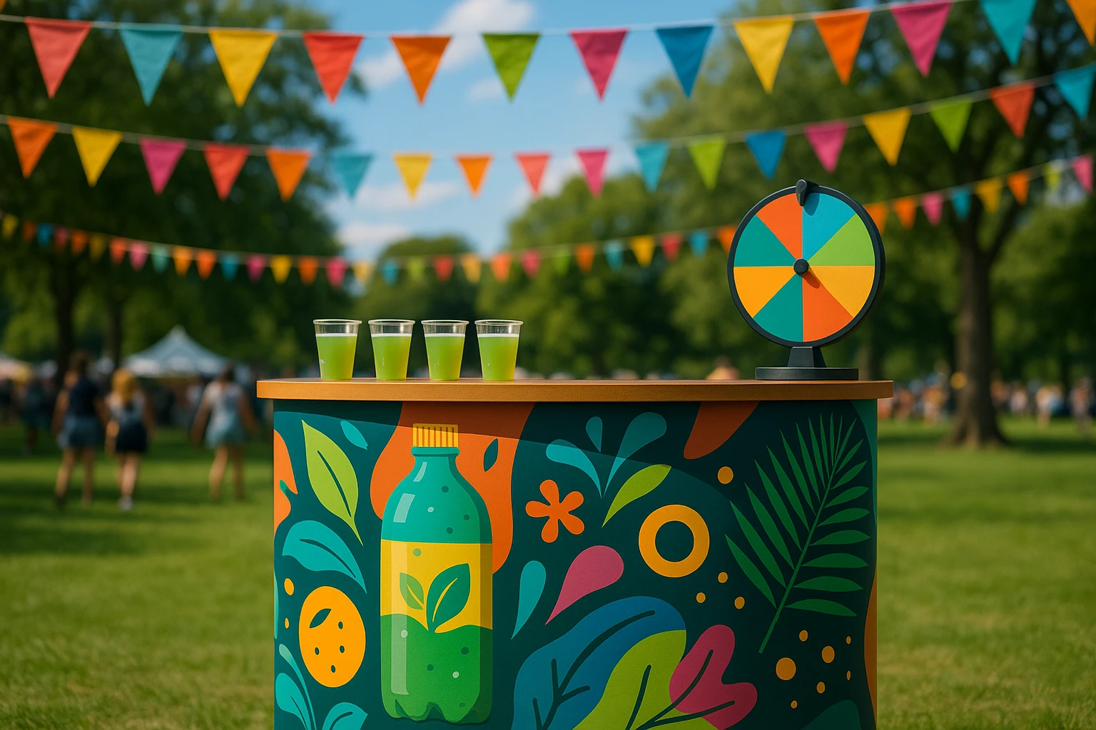 A pop up counter with bold, colorful branding showcasing an eco-friendly beverage sits prominently at an outdoor festival, with vibrant flags fluttering overhead and a backdrop of green park scenery, enticing passersby with free samples and interactive games.