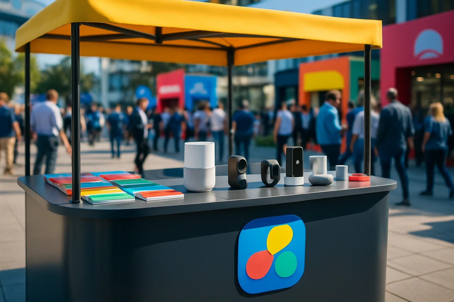 promotional counter A sleek promotional counter set up outdoors at a bustling trade show, adorned with vibrant brand logos and colorful brochures, showcasing an array of innovative product samples under a bright canopy, attracting passersby with its eye-catching design.