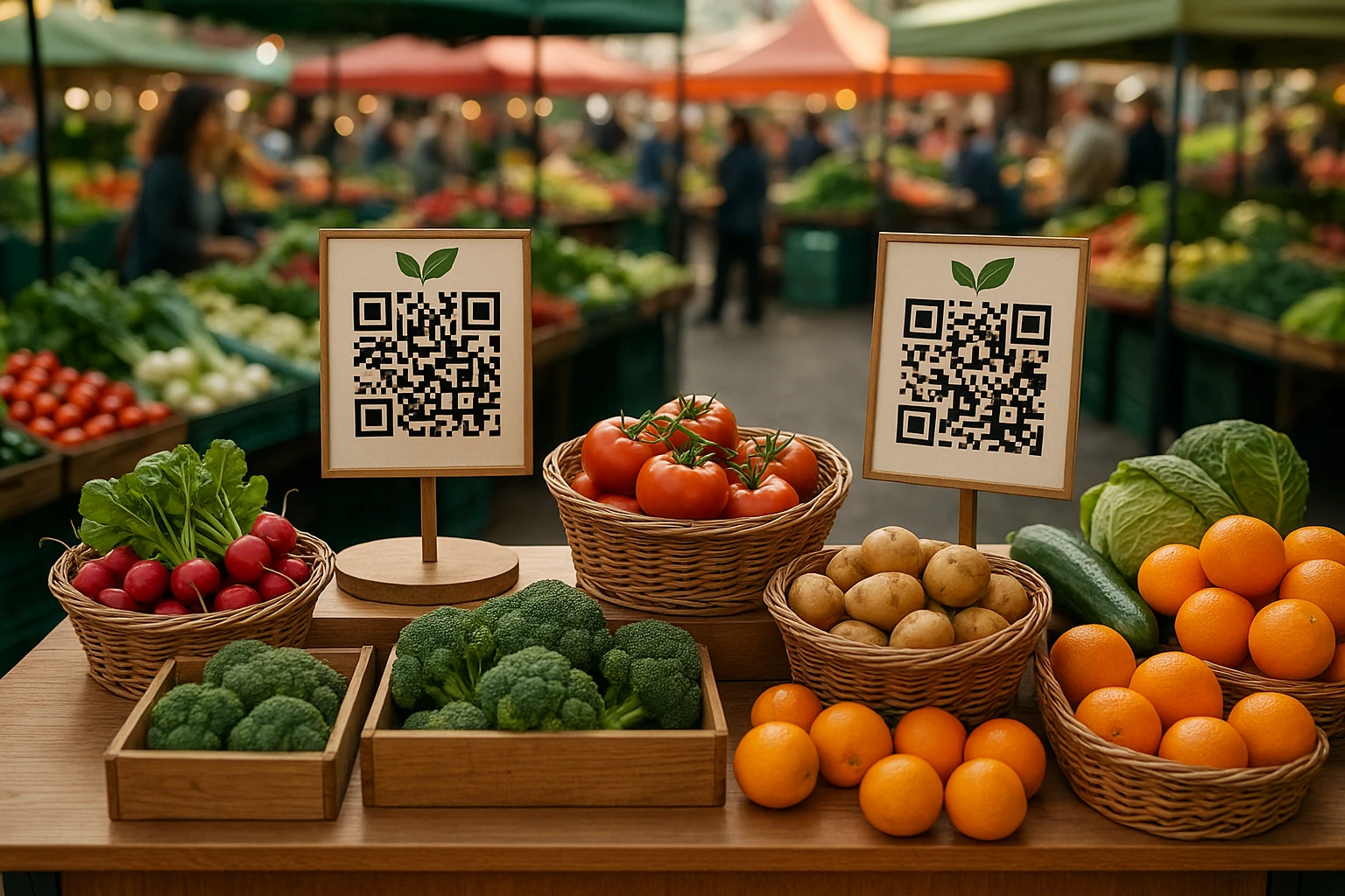 promotional counter A promotional counter set up in a vibrant farmers market, featuring fresh produce displayed attractively, with interactive QR codes on signs for customers to scan and learn more about the farm's sustainable practices and traceability.