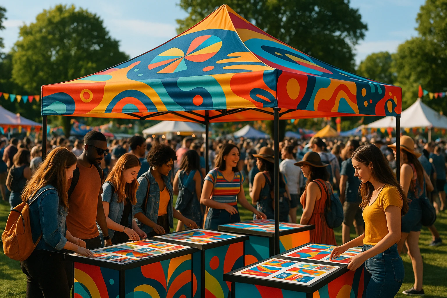 A vibrant branded marketing tent set up at an outdoor festival, featuring colorful logos and graphics on its canopy, surrounded by lively eventgoers exploring the interactive displays and promotional materials laid out on illuminated tables.