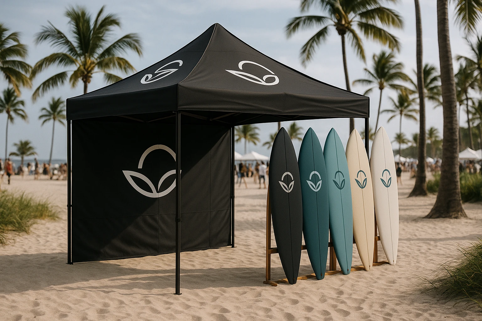 A sleek branded marketing tent set up at a bustling beachfront event, featuring an elegant minimalist design with stylized brand logos on its fabric walls, next to an array of surfboards displaying matching brand colors and surrounded by sandy pathways and palm trees.