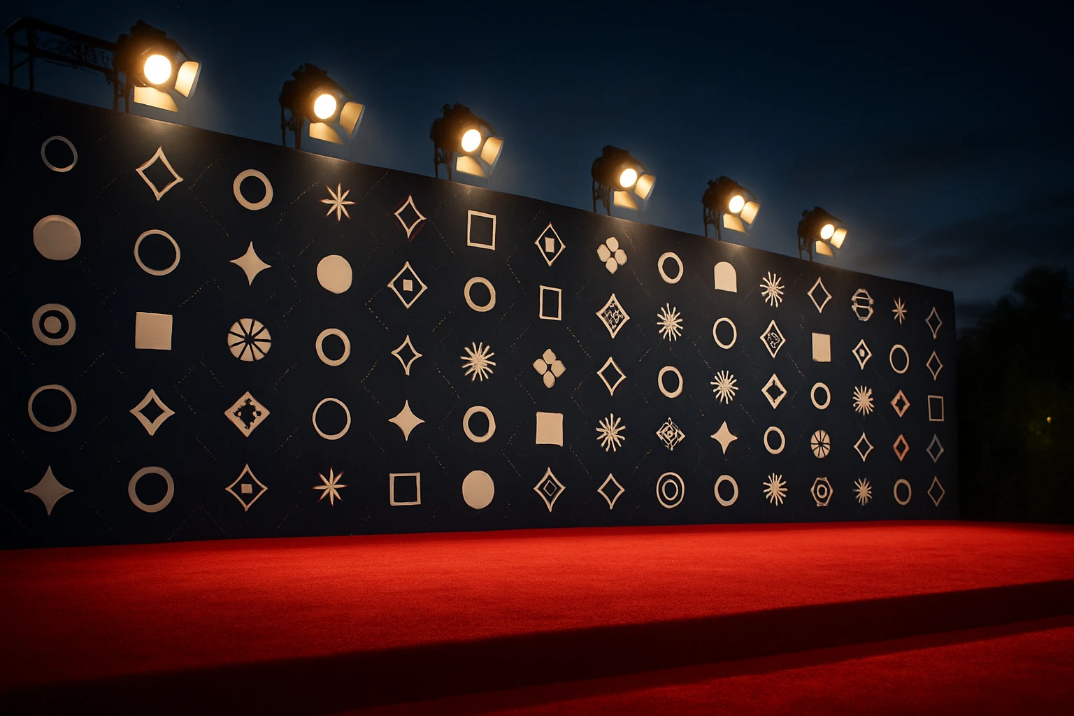 A glamorous red carpet event scene with a vividly designed backdrop displaying a constellation of brand logos and patterns, set under elegant spotlights with a deep blue evening sky.