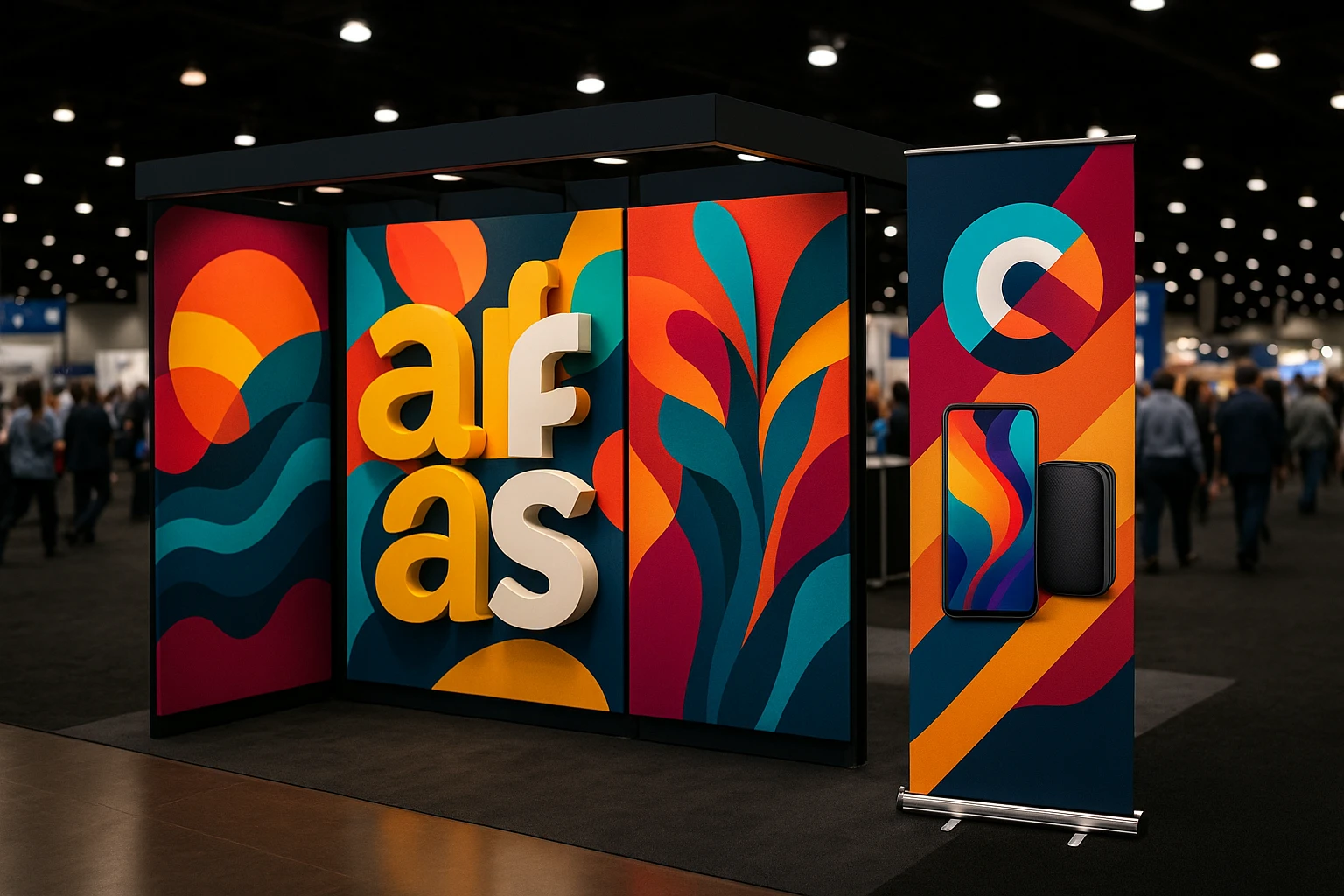 A vibrant trade show booth displaying eye-catching graphic panels with bold, colorful designs and 3D lettering, alongside a sleek, portable banner stand featuring a prominent logo and product images in a bustling convention center.