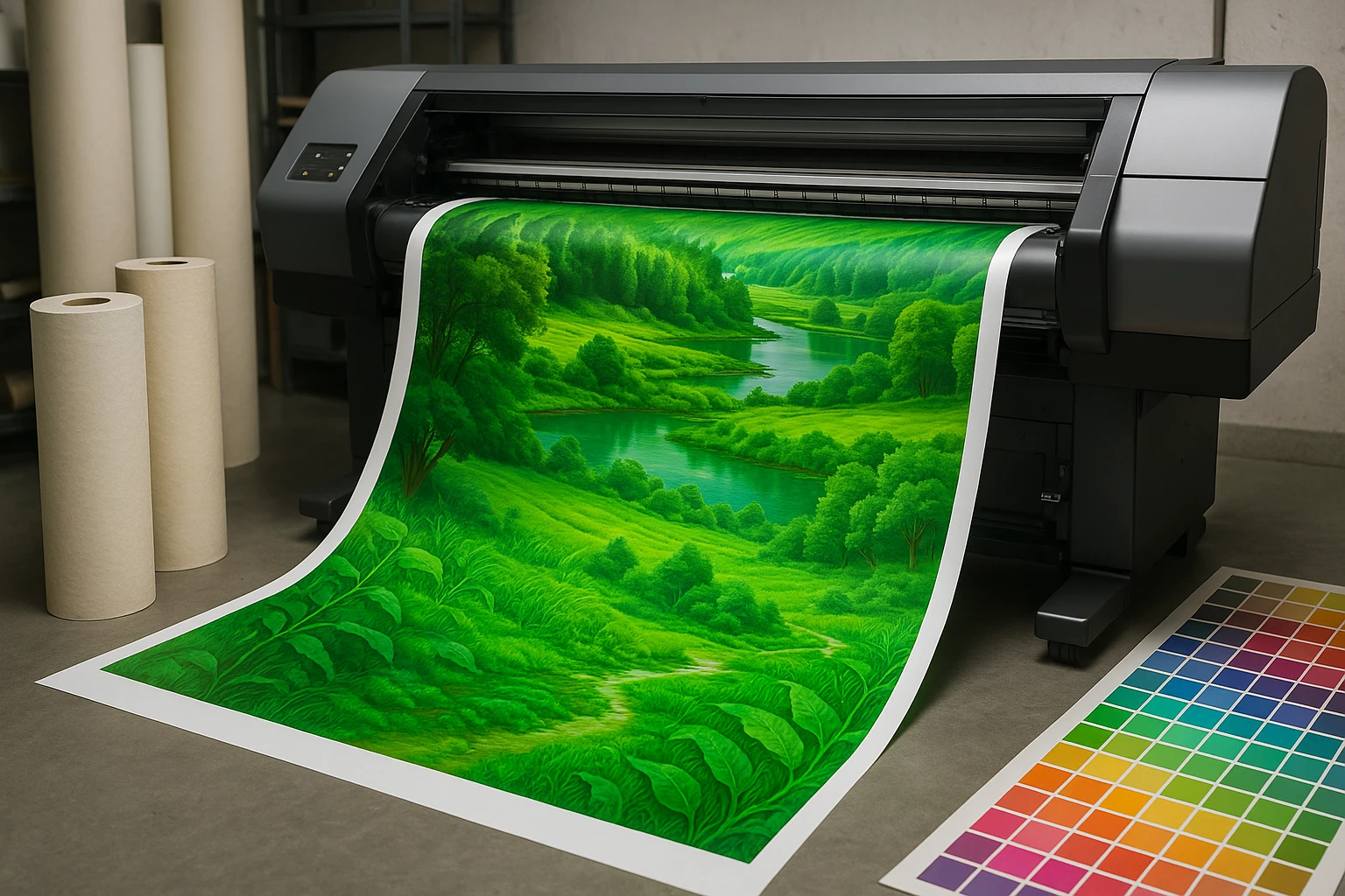 A large-format printer in a workshop, producing a vivid, eco-friendly banner featuring lush, green landscapes with water-based inks, surrounded by rolls of recycled material and vibrant color samples.