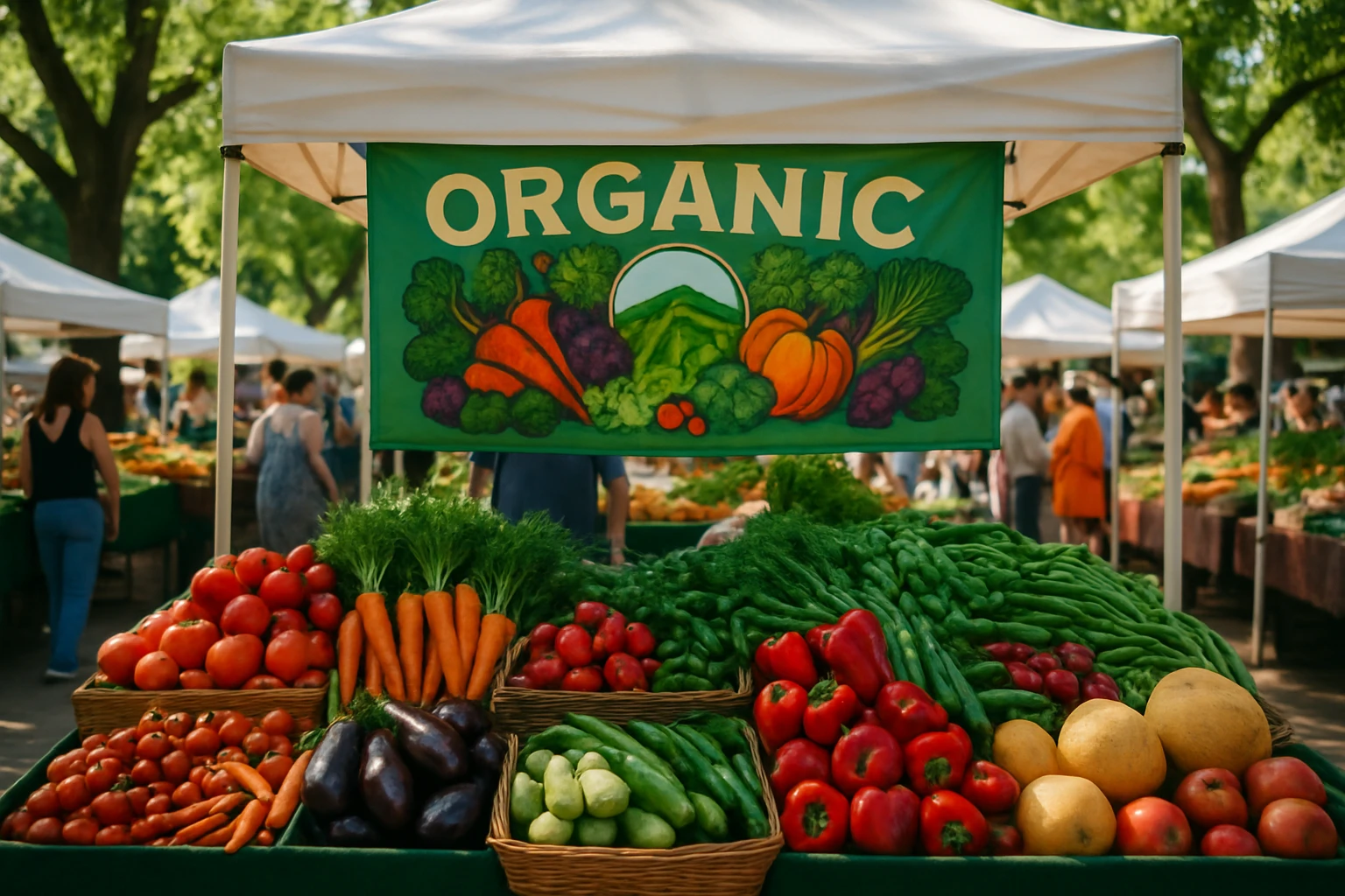 A bustling outdoor farmers market scene with a brightly colored stand banner featuring organic produce and the logo of a local farm, surrounded by vibrant fruit and vegetable displays, with sunlight filtering through nearby trees.