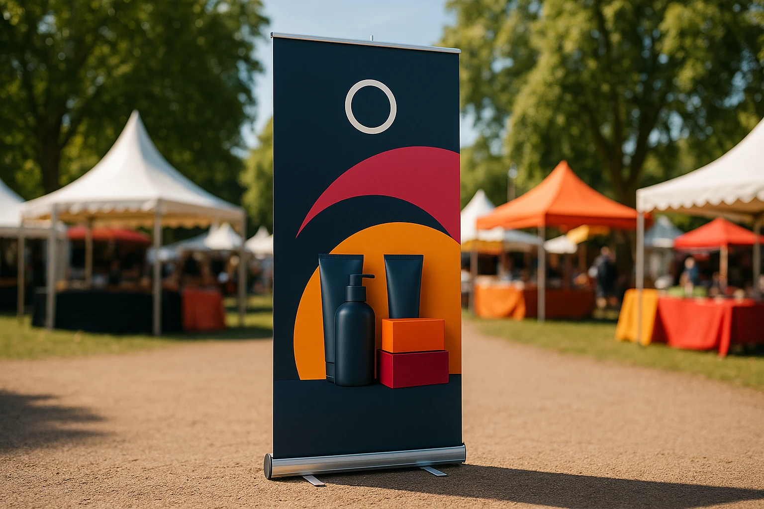 A sleek roller banner stand displayed prominently against a vibrant backdrop at an outdoor trade fair, showcasing a bold and colorful graphic with neatly arranged product images and a prominent brand logo, surrounded by trees and festival tents.