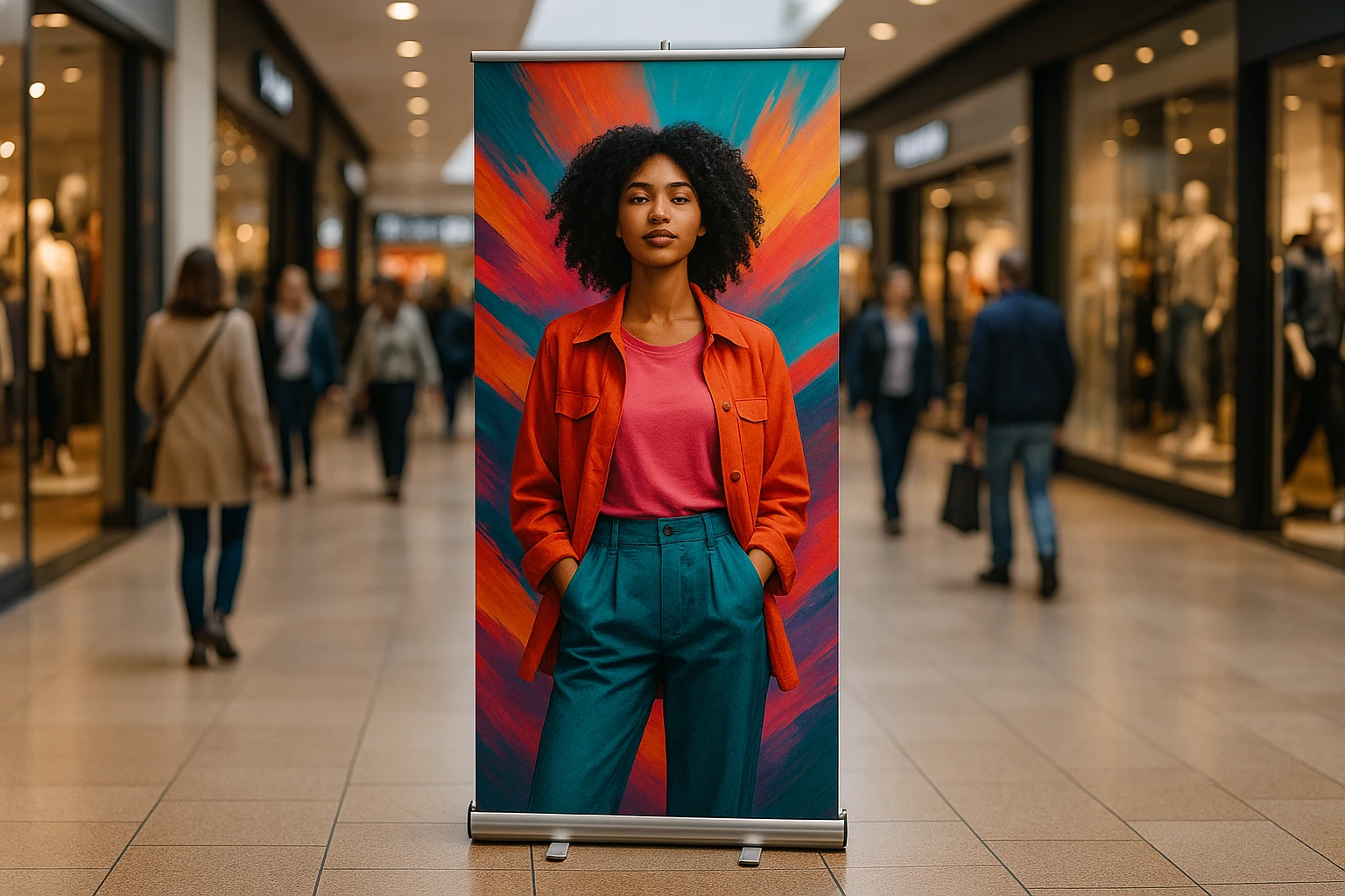 A roller banner stand prominently positioned in a bustling indoor shopping mall, featuring an eye-catching graphic of a new clothing line launch with vibrant colors, surrounded by shoppers and modern retail storefronts.