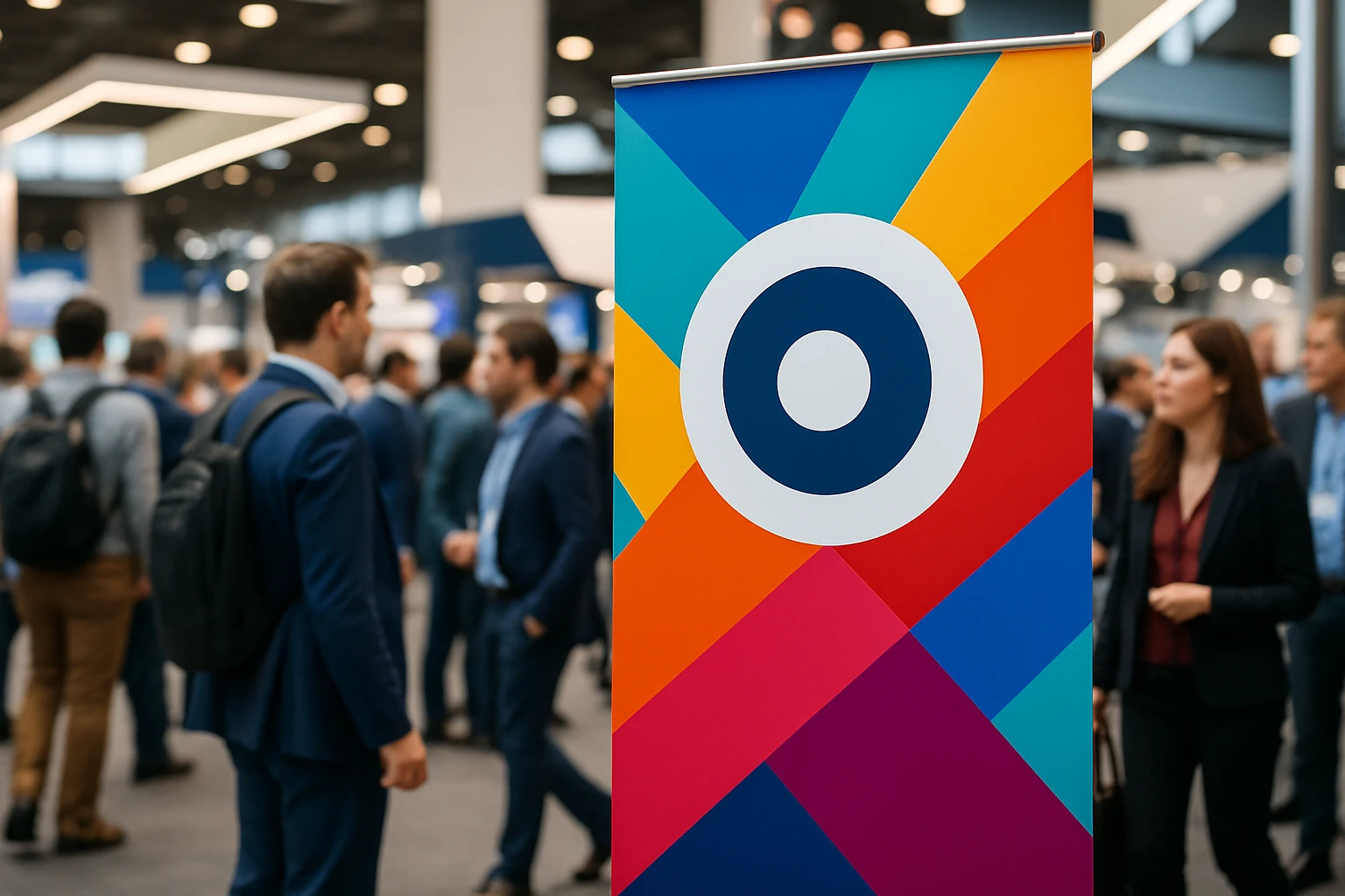 A colorful, eye-catching banner stand set up in a bustling trade show environment, surrounded by intrigued attendees; the banner features bold graphics and a company's logo prominently displayed amidst a backdrop of modern architectural elements.