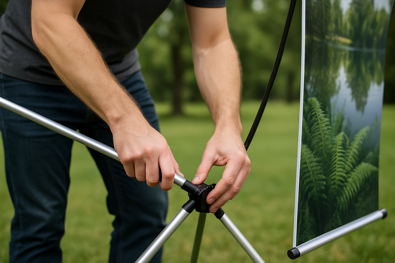 A close-up of hands carefully assembling a banner stand in an outdoor park, with grassy fields and trees in the background; the person is snapping the poles into a sturdy, tripod-style base, with the banner featuring nature images leaning nearby.