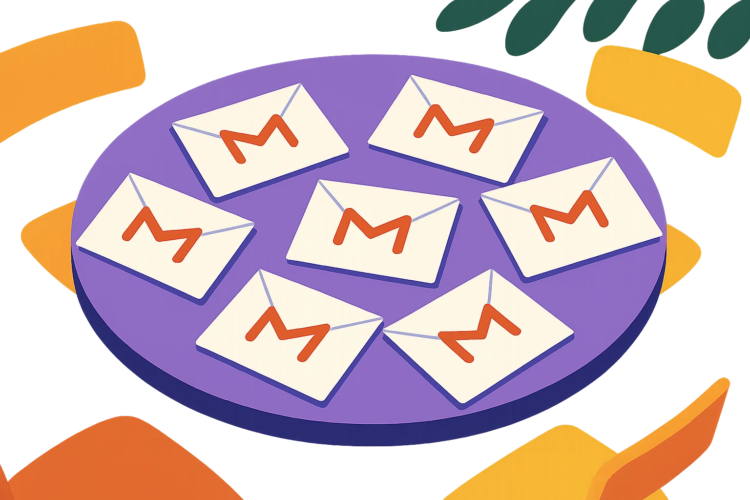 A collection of envelopes scattered on a vibrant outdoor café table, each envelope stamped with a stylized Gmail logo, symbolizing diverse temporary email addresses as a means to protect privacy in everyday situations.