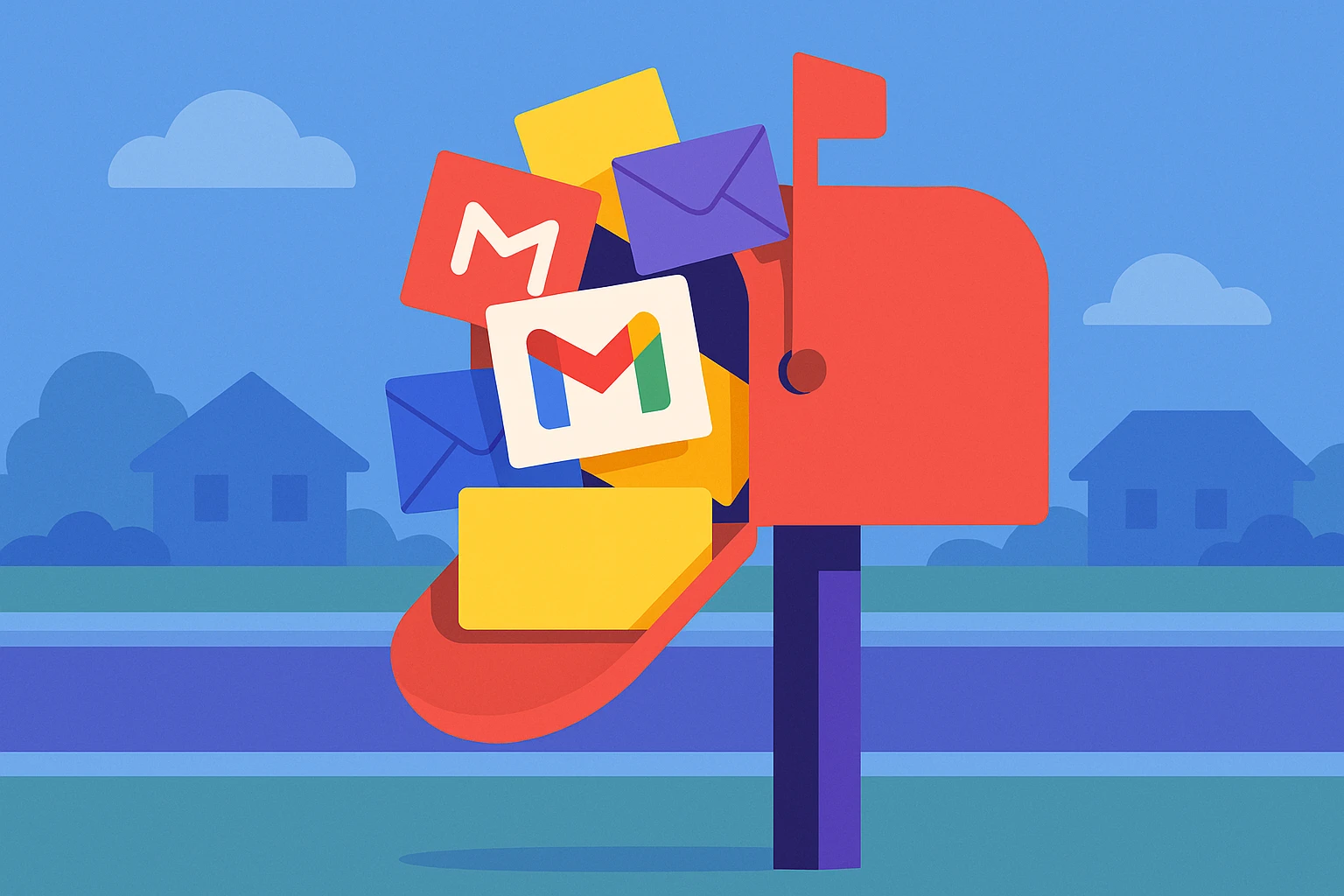 A stack of colorful packages and flyers overflowing from a traditional wooden mailbox, each with a visible Gmail logo, set against a suburban street backdrop, symbolizing the use of temporary email addresses for managing digital subscriptions and promotions.