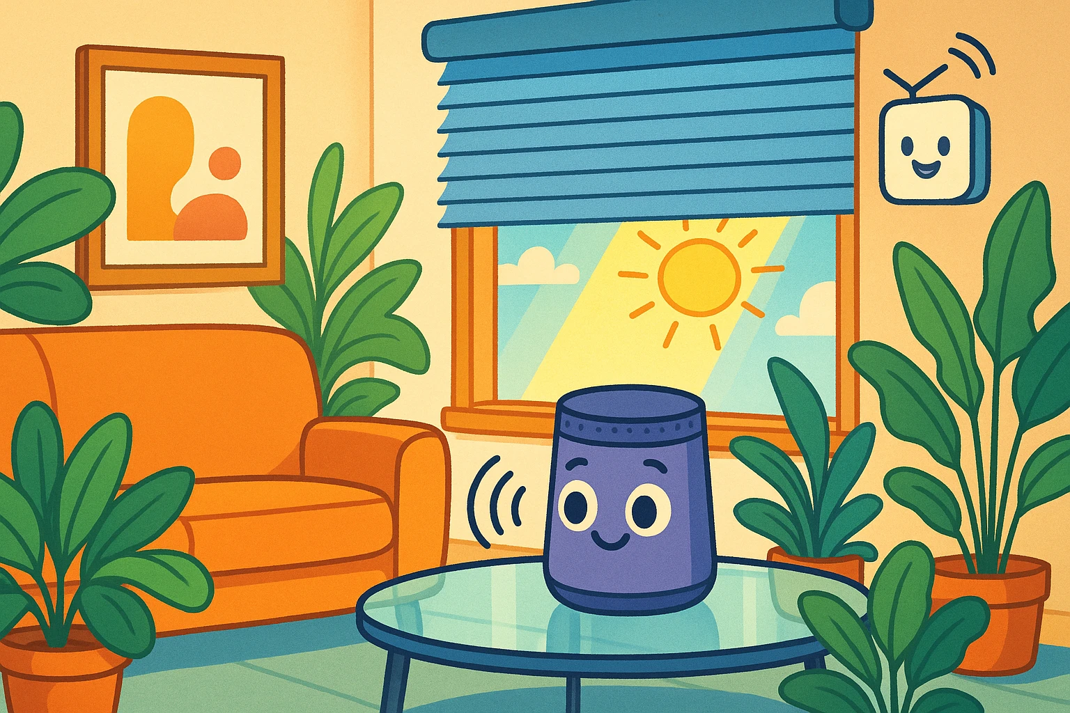 Smart home devices in a modern living room, with automated blinds adjusting to sunlight and a smart speaker on a sleek glass table, surrounded by vibrant indoor plants.