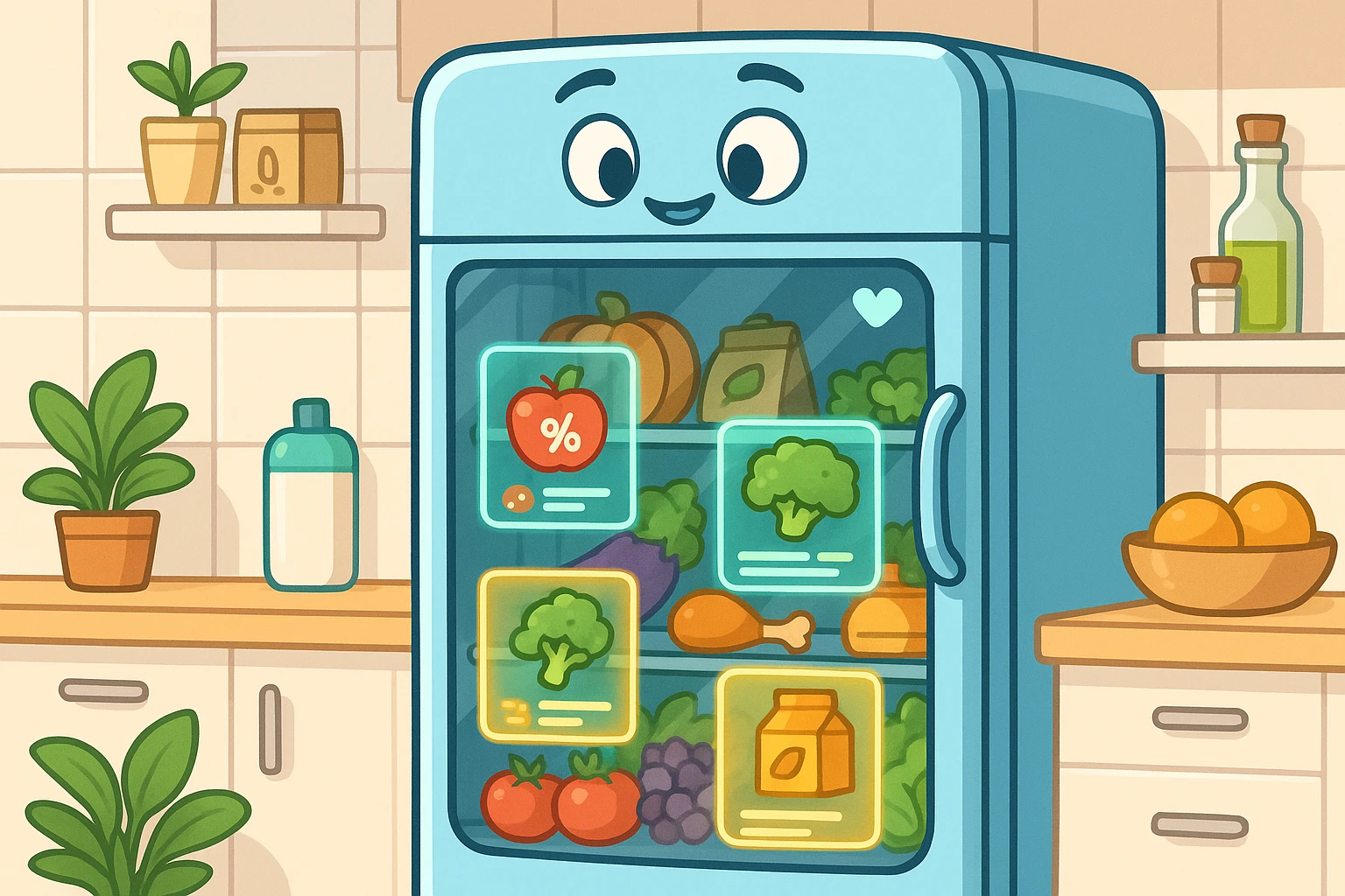 A close-up of a futuristic smart refrigerator with a transparent display door showing colorful digital nutrition labels, surrounded by shelves of fresh produce and eco-friendly packaging, in a bright, sleek kitchen setting.