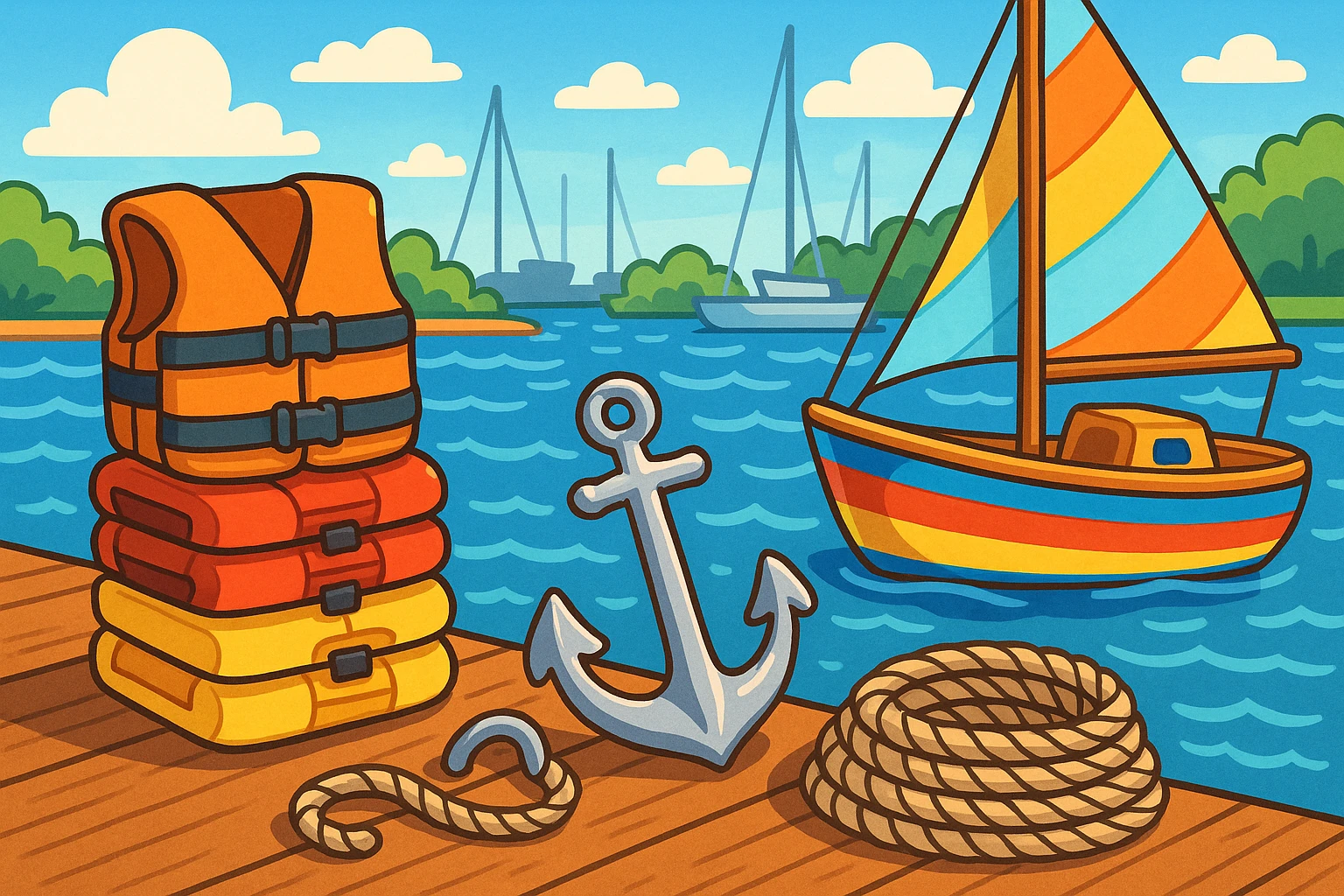 A vibrant marina scene showcasing a variety of boat supplies: neatly stacked life vests, a shiny stainless steel anchor, and a coiled rope lying on a wooden dock beside a colorful sailboat gently bobbing in the water.